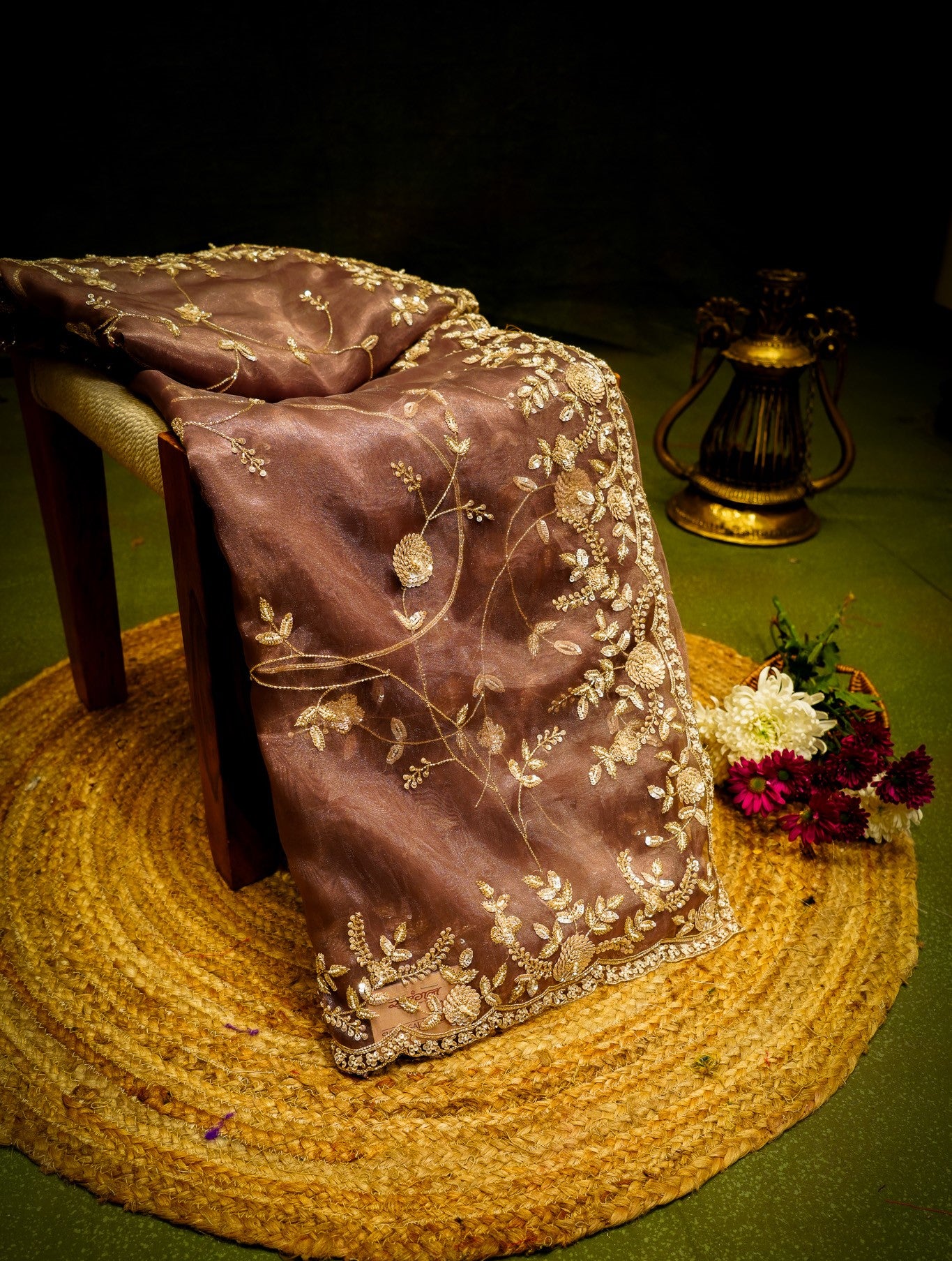 Designer Coffee Brown Tissue Silk Saree