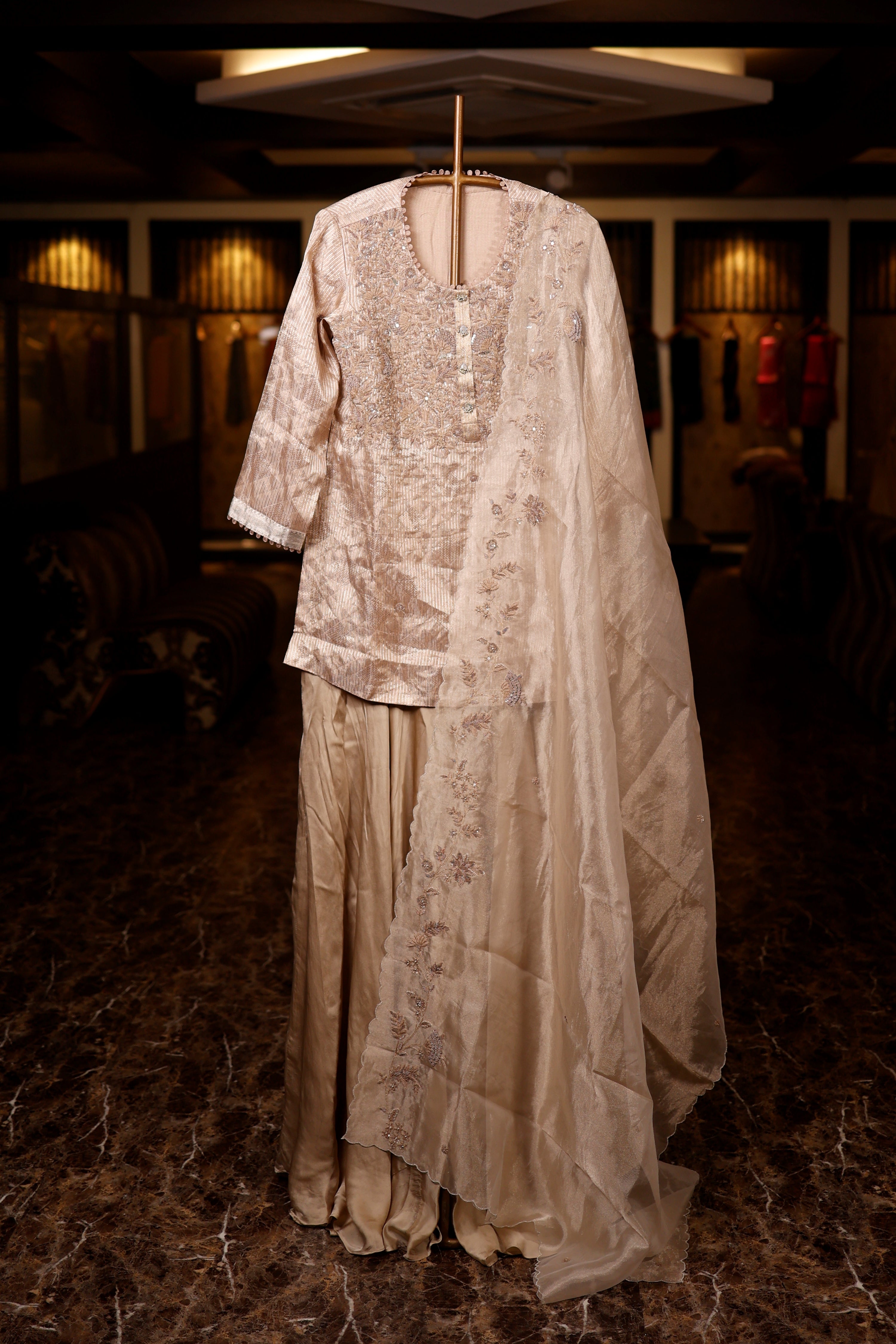 Designer Beige Tissue Silk Suit Set