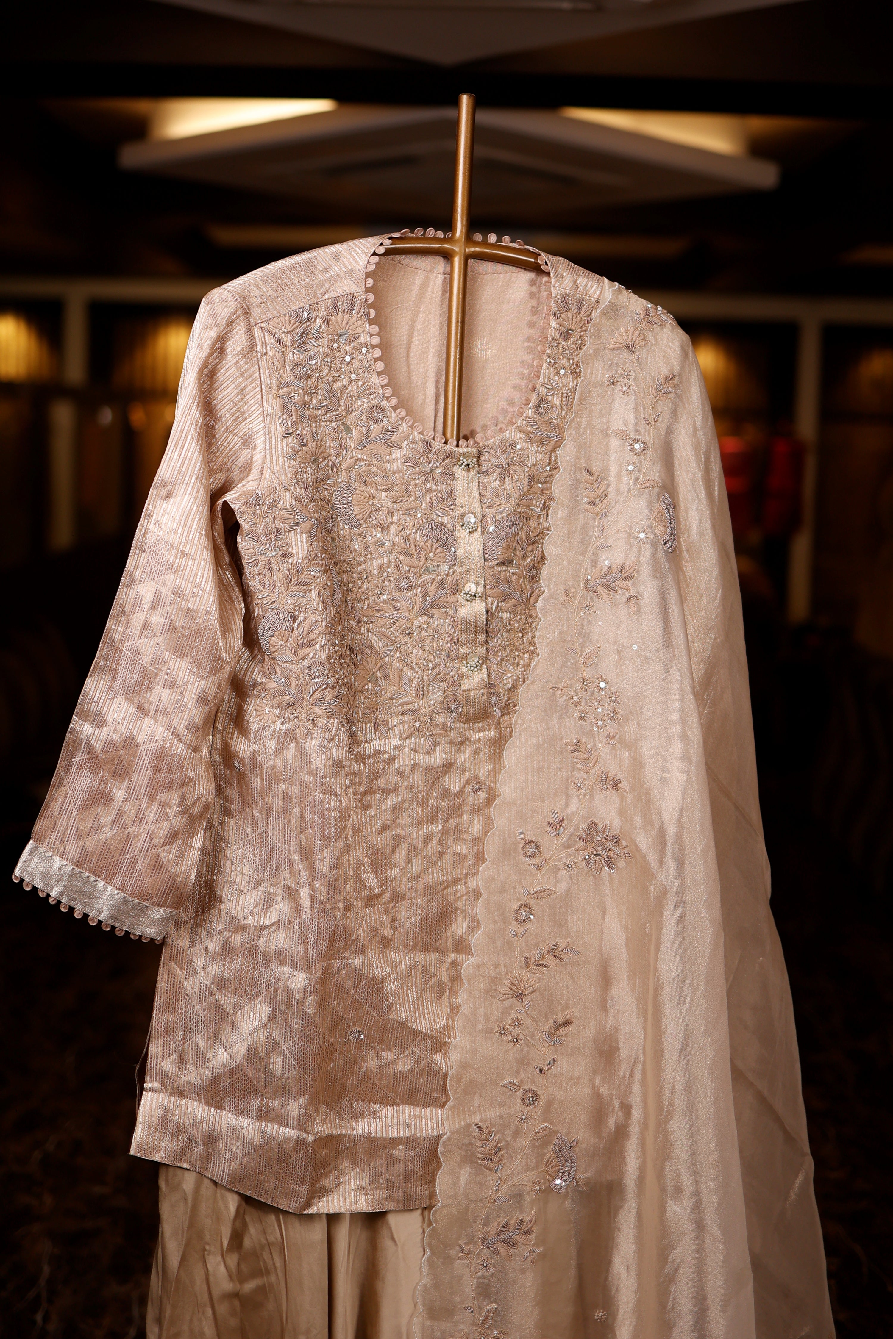 Designer Beige Tissue Silk Suit Set