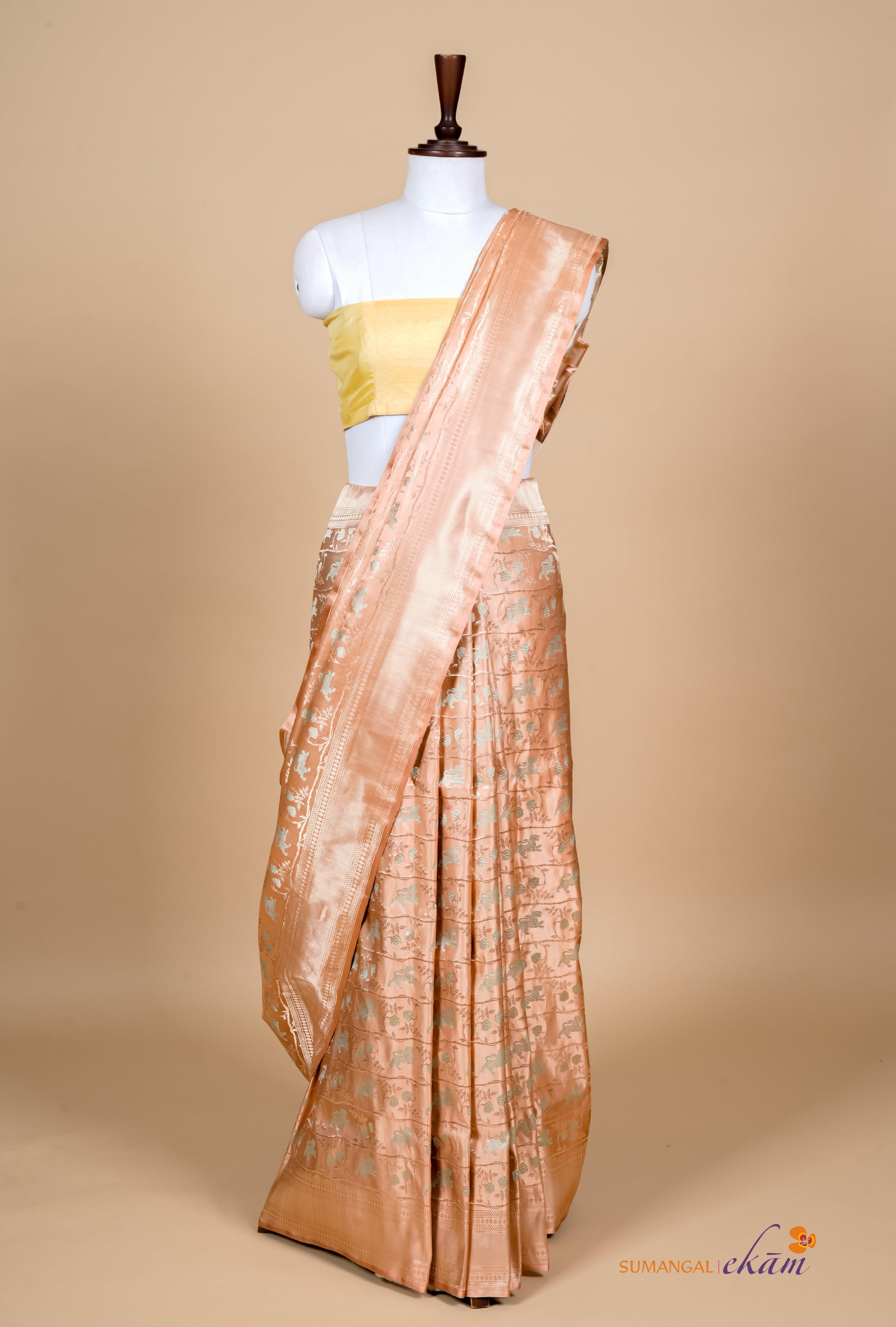 Handwoven Rose Gold Banarasi Mashru Katan Silk Saree - Sumangal Ekam