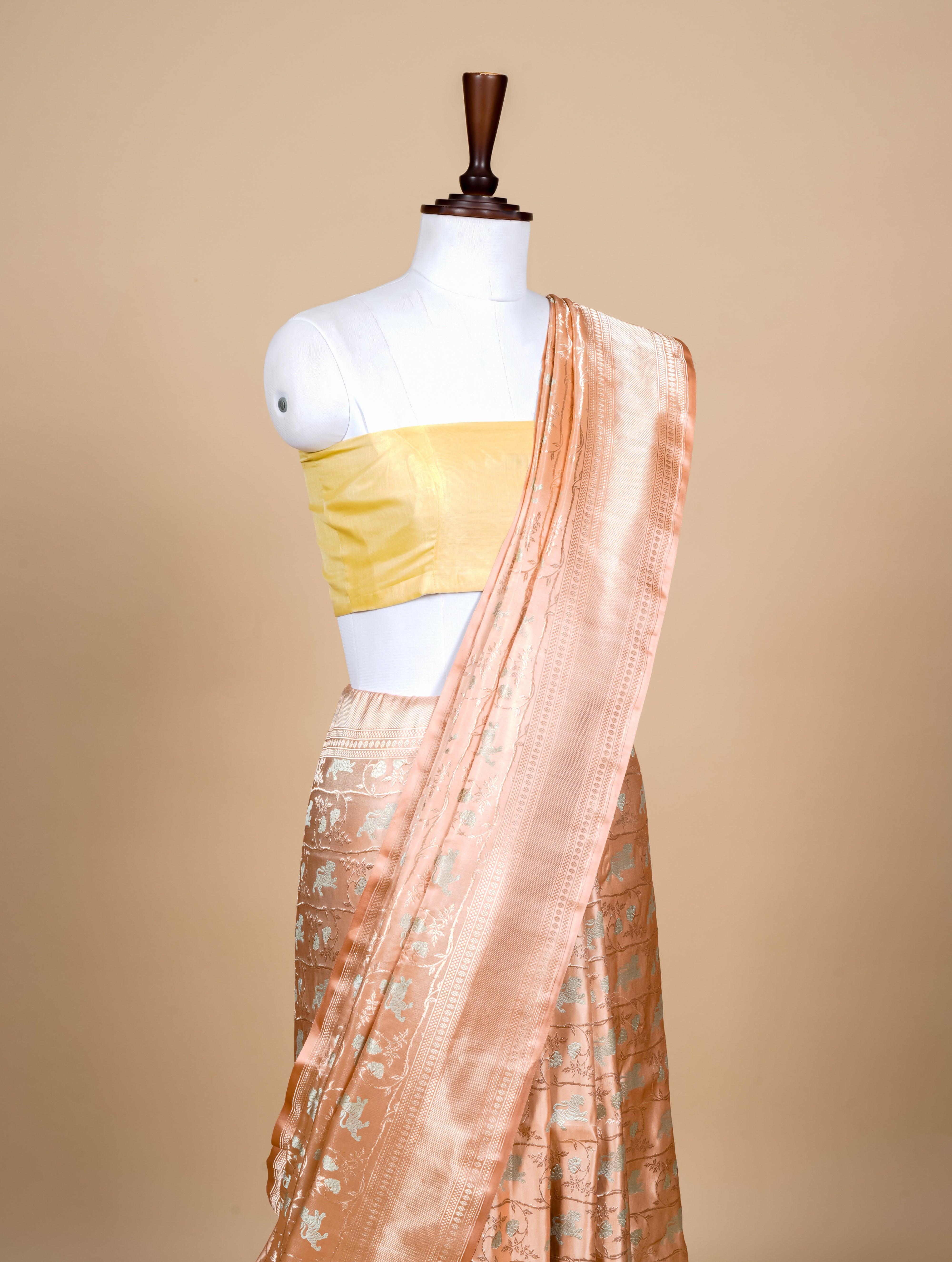 Handwoven Rose Gold Banarasi Mashru Katan Silk Saree - Sumangal Ekam