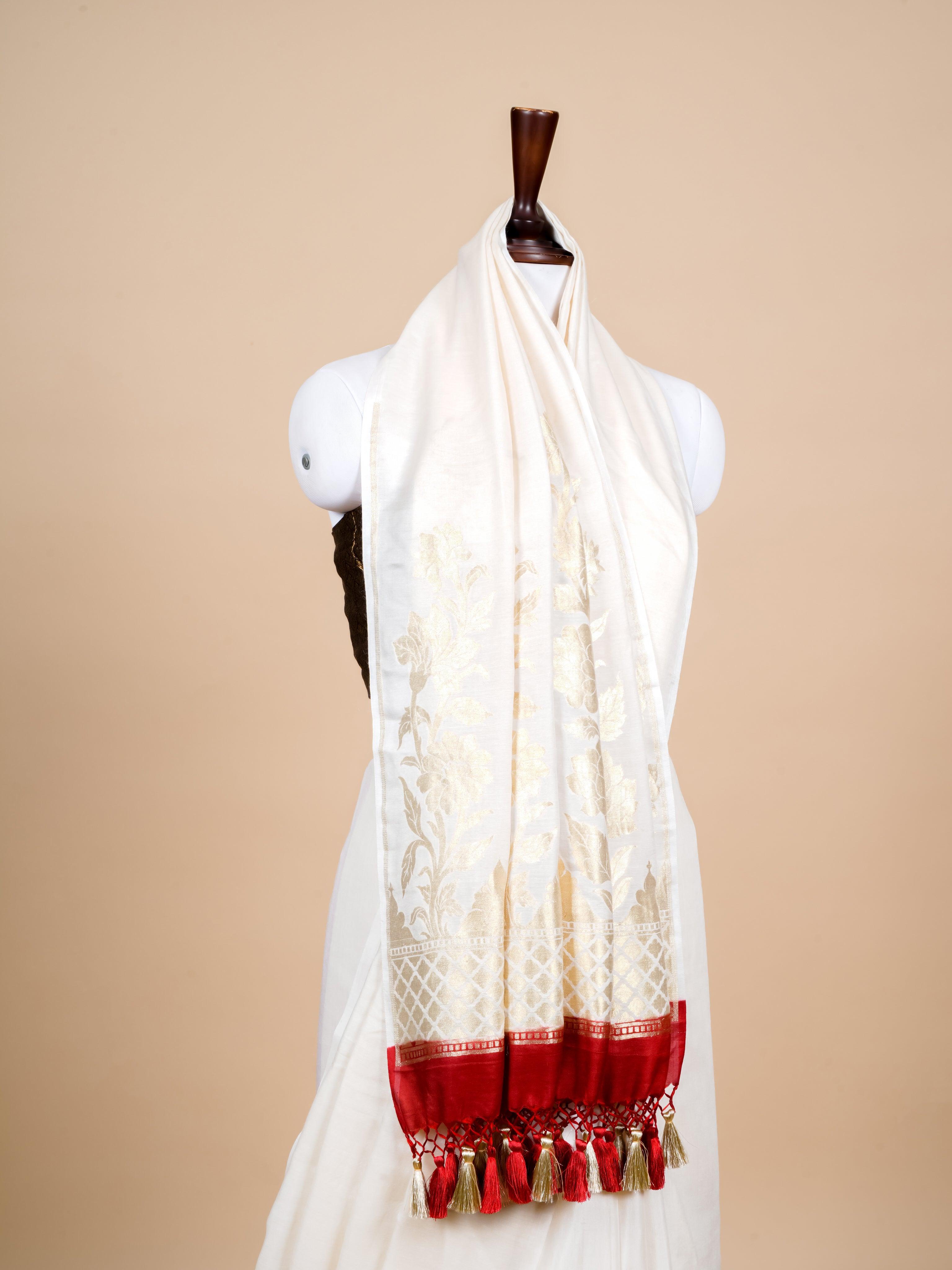 Handwoven White Banarasi Linen Tissue Silk Saree - Sumangal Ekam