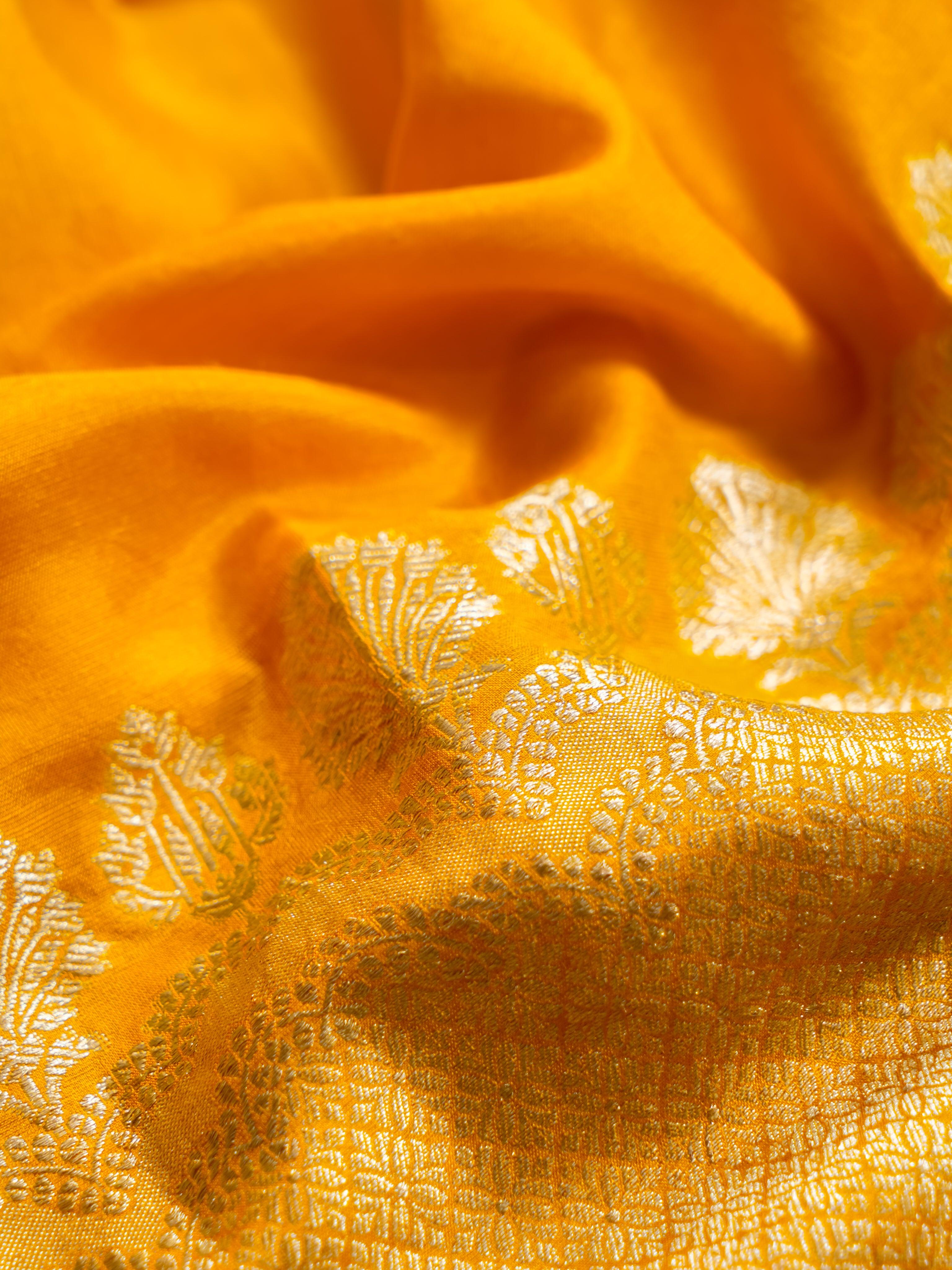 Handwoven Yellow Banarasi Moonga Soft Silk Saree - Sumangal Ekam