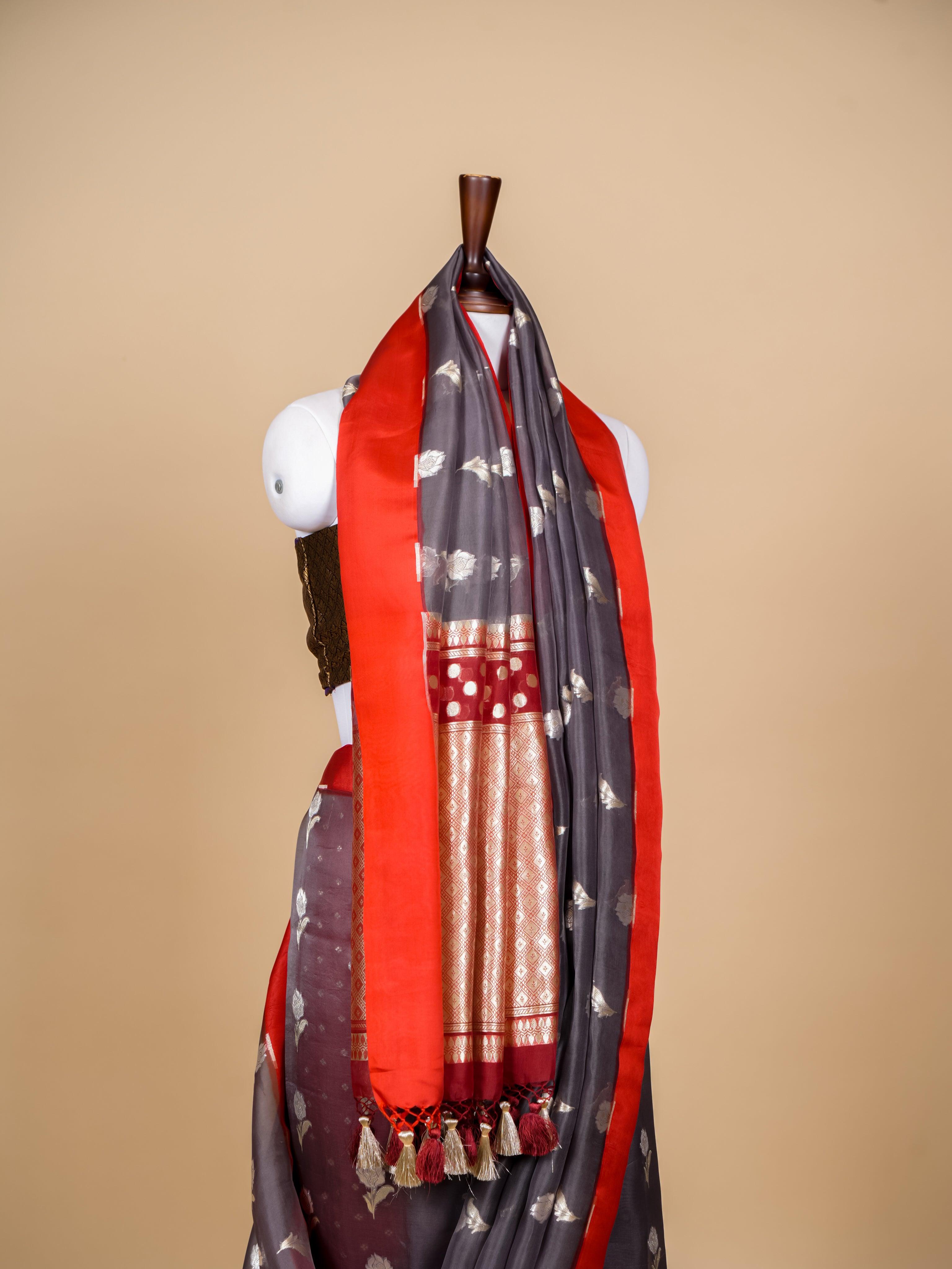 Handwoven Grey Banarasi Kora Silk Saree - Sumangal Ekam
