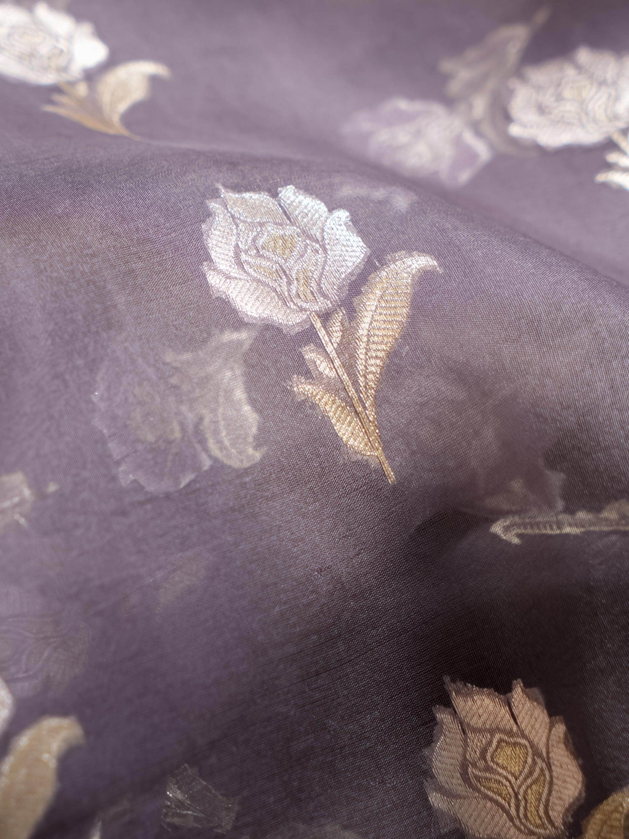 Handwoven Grey Banarasi Kora Silk Saree - Sumangal Ekam