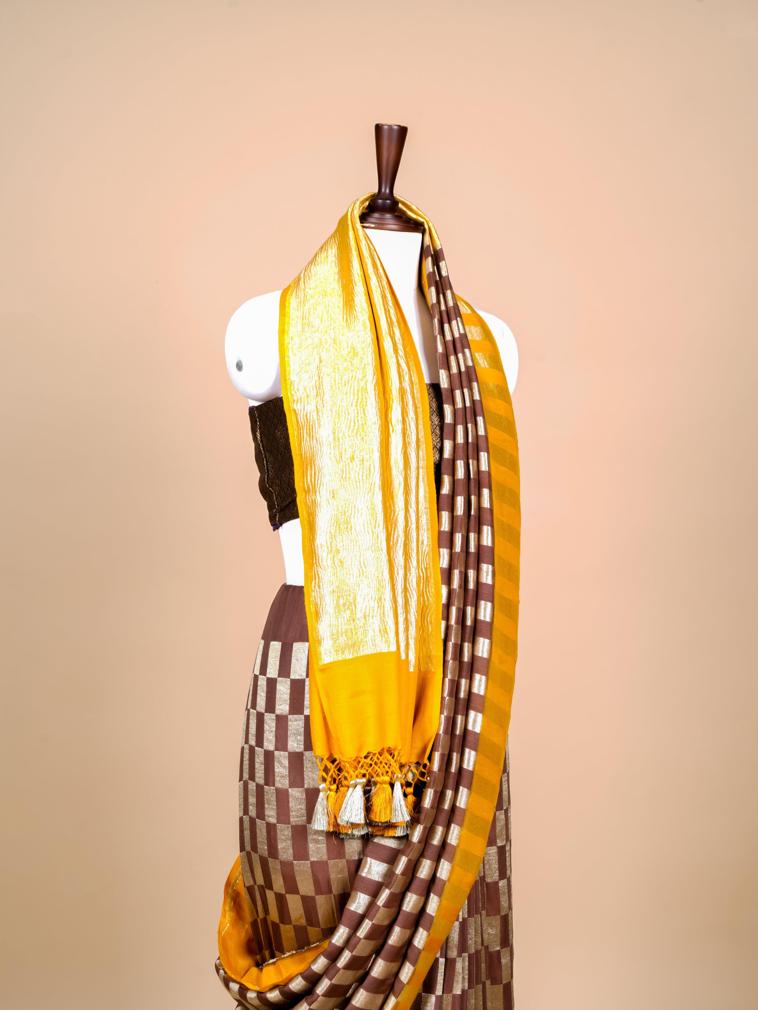 Handwoven Brown Banarasi Moonga Tissue Silk Saree - Sumangal Ekam