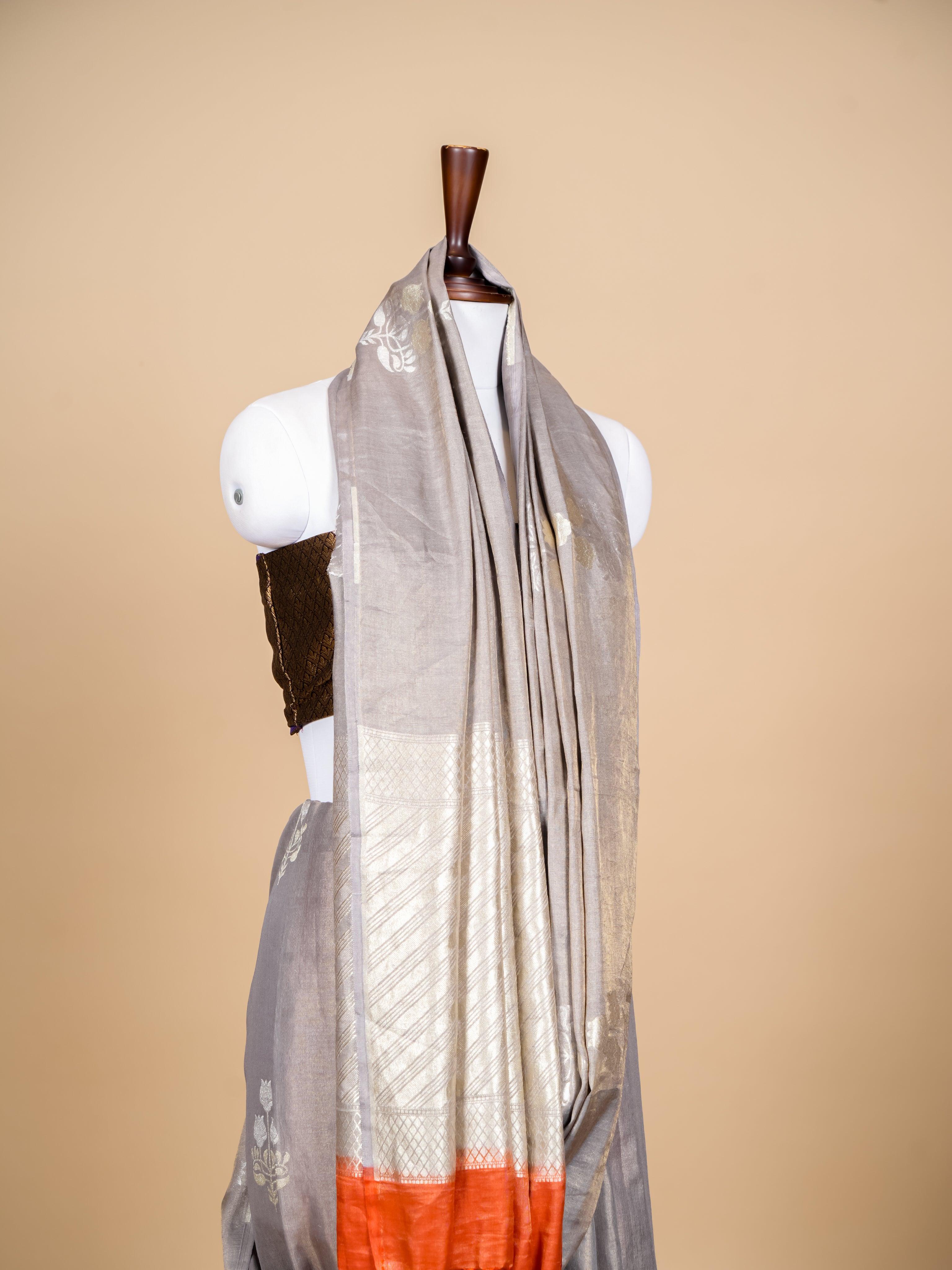 Handwoven Grey Banarasi Tissue Linen Silk  Saree - Sumangal Ekam