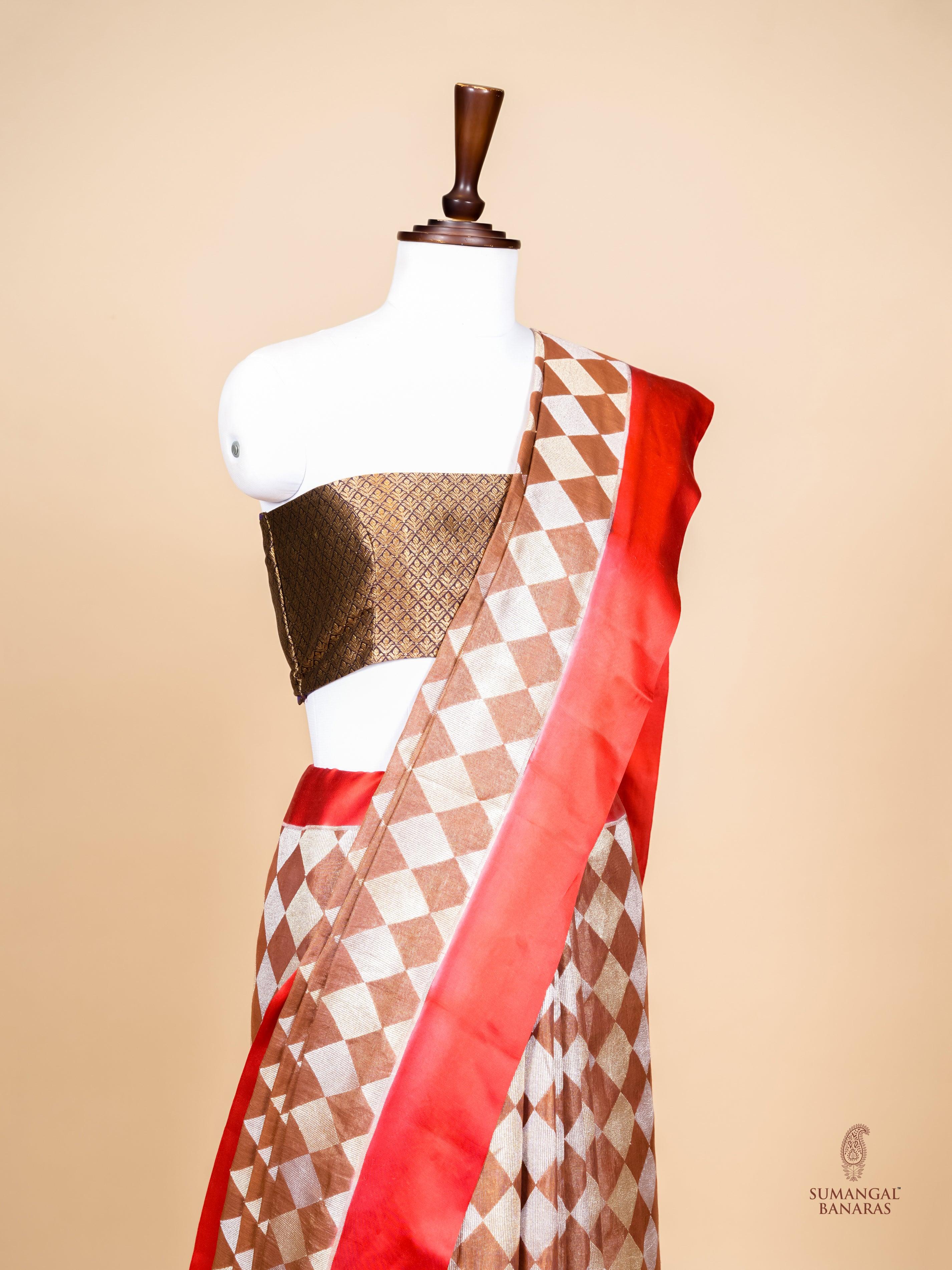 Handwoven Brown Banarasi Tissue Linen Silk Saree - Sumangal Ekam