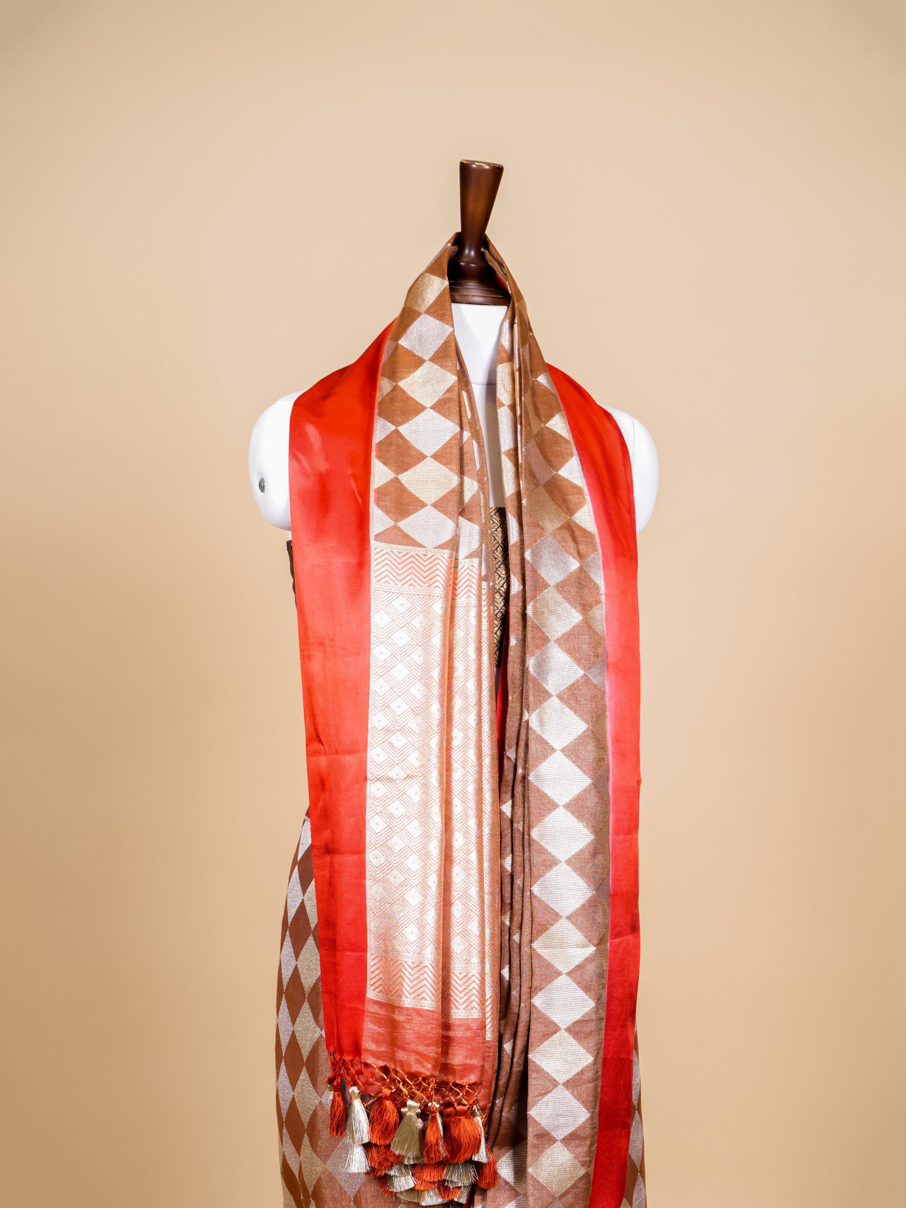 Handwoven Brown Banarasi Tissue Linen Silk Saree - Sumangal Ekam