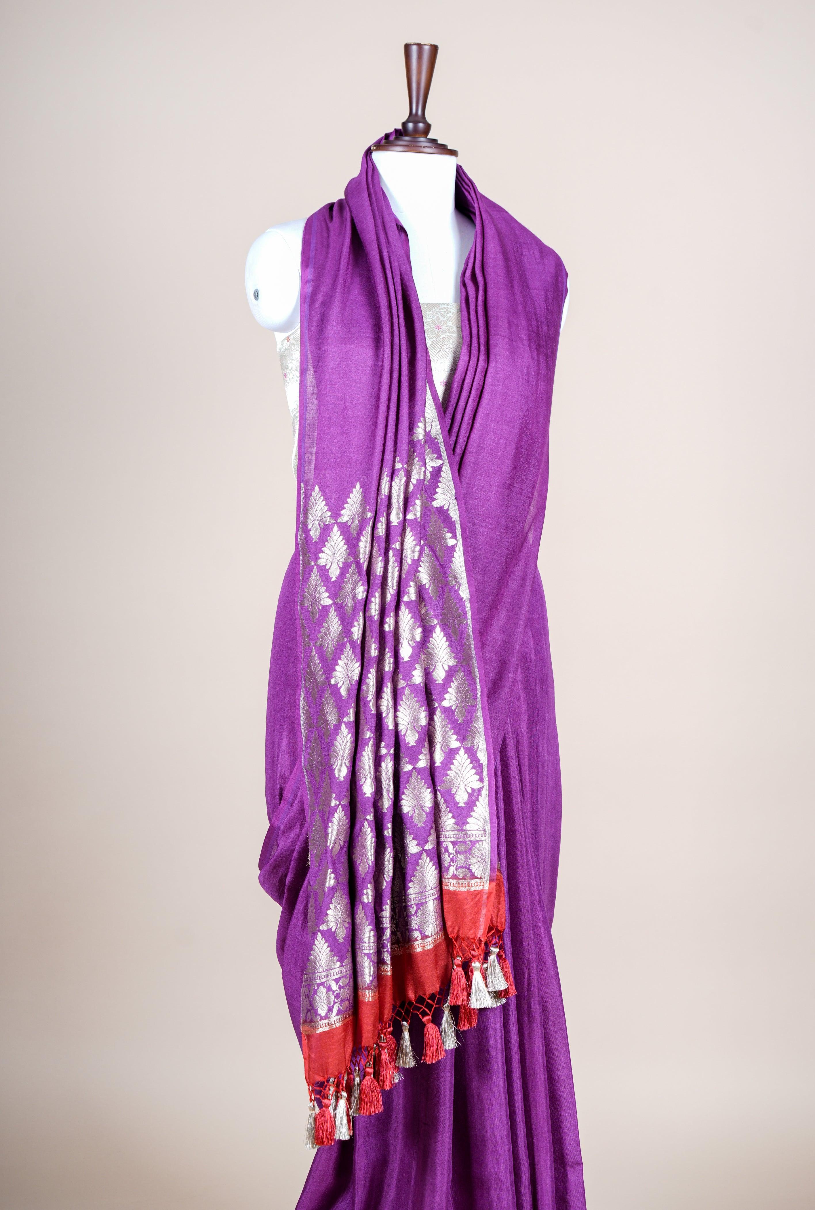 Handwoven Dark Purple Banarasi Handloom Silk Saree - Sumangal Ekam
