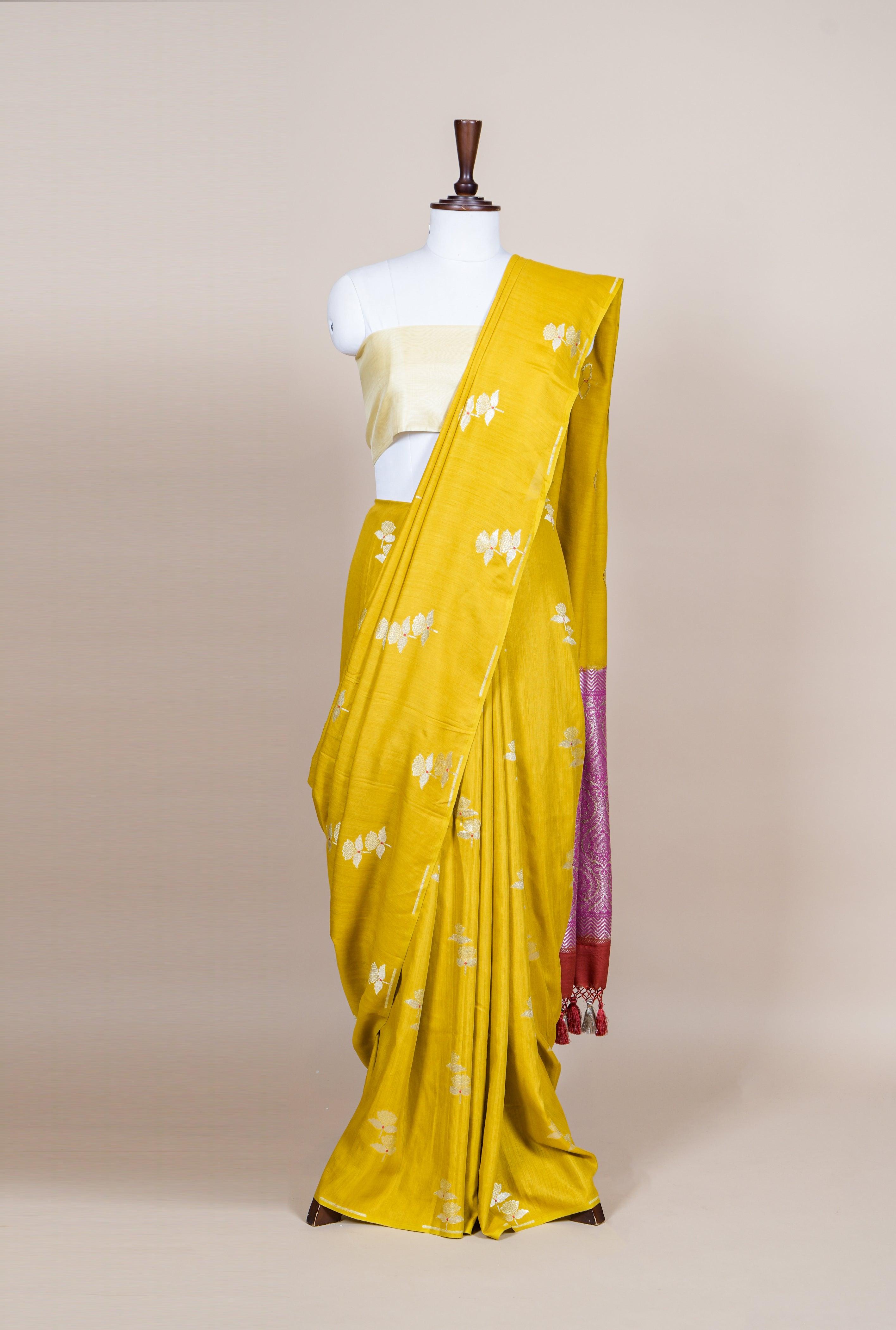 Handwoven Mustard Yellow Banarasi Handloom Silk Saree - Sumangal Ekam