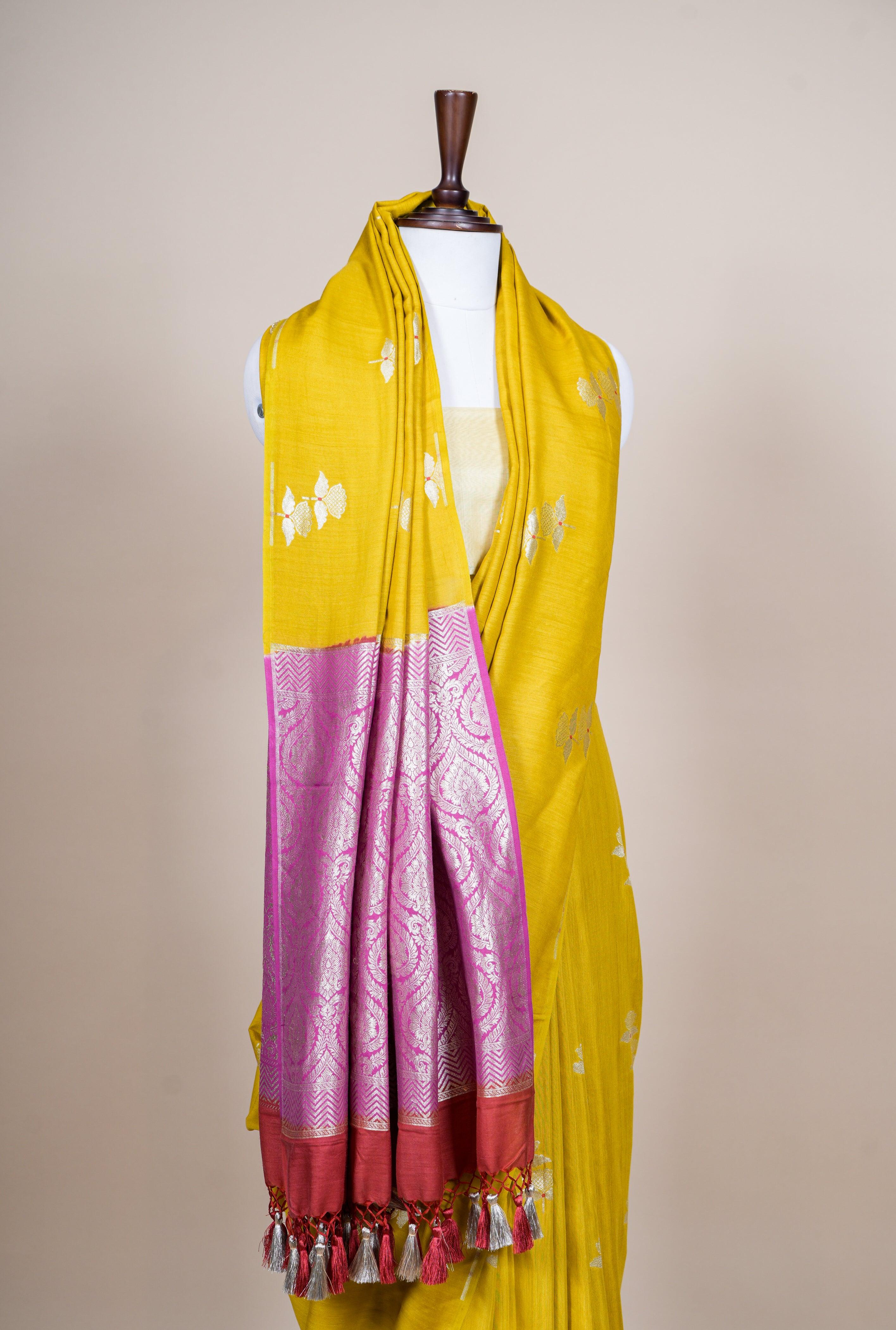Handwoven Mustard Yellow Banarasi Handloom Silk Saree - Sumangal Ekam