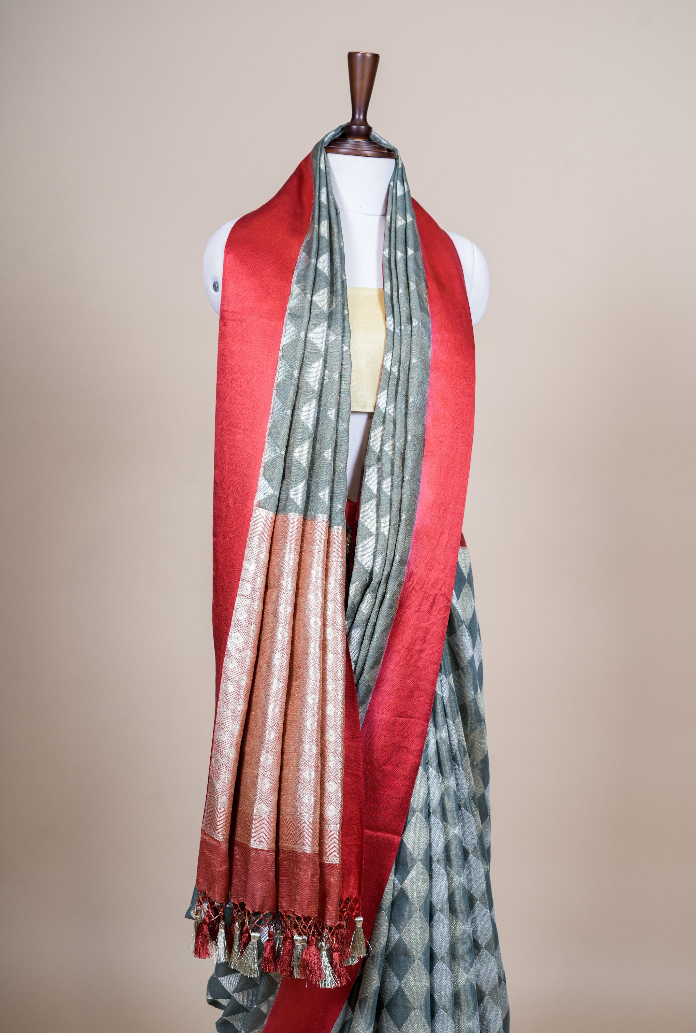 Handwoven Dark Gray  Banarasi Handloom Silk Saree - Sumangal Ekam