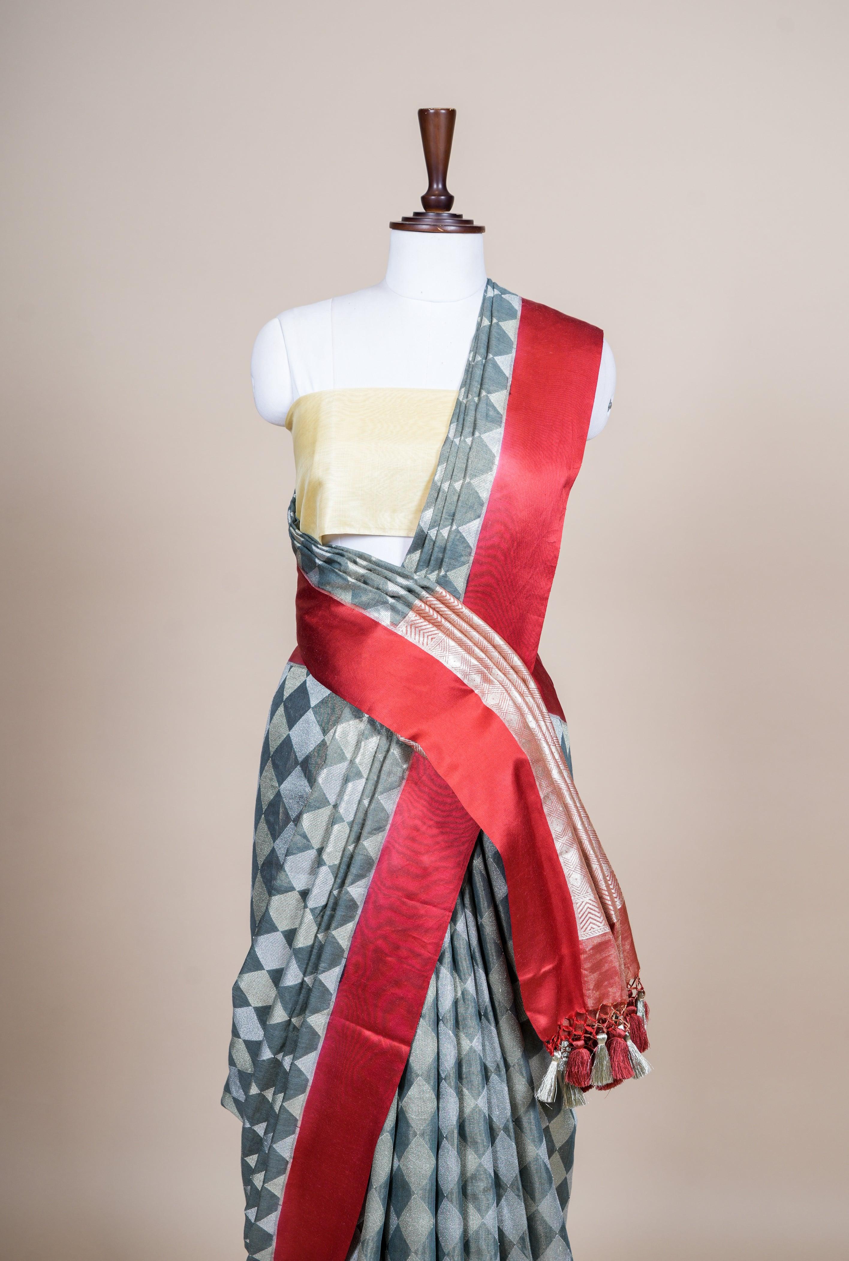 Handwoven Dark Gray  Banarasi Handloom Silk Saree - Sumangal Ekam