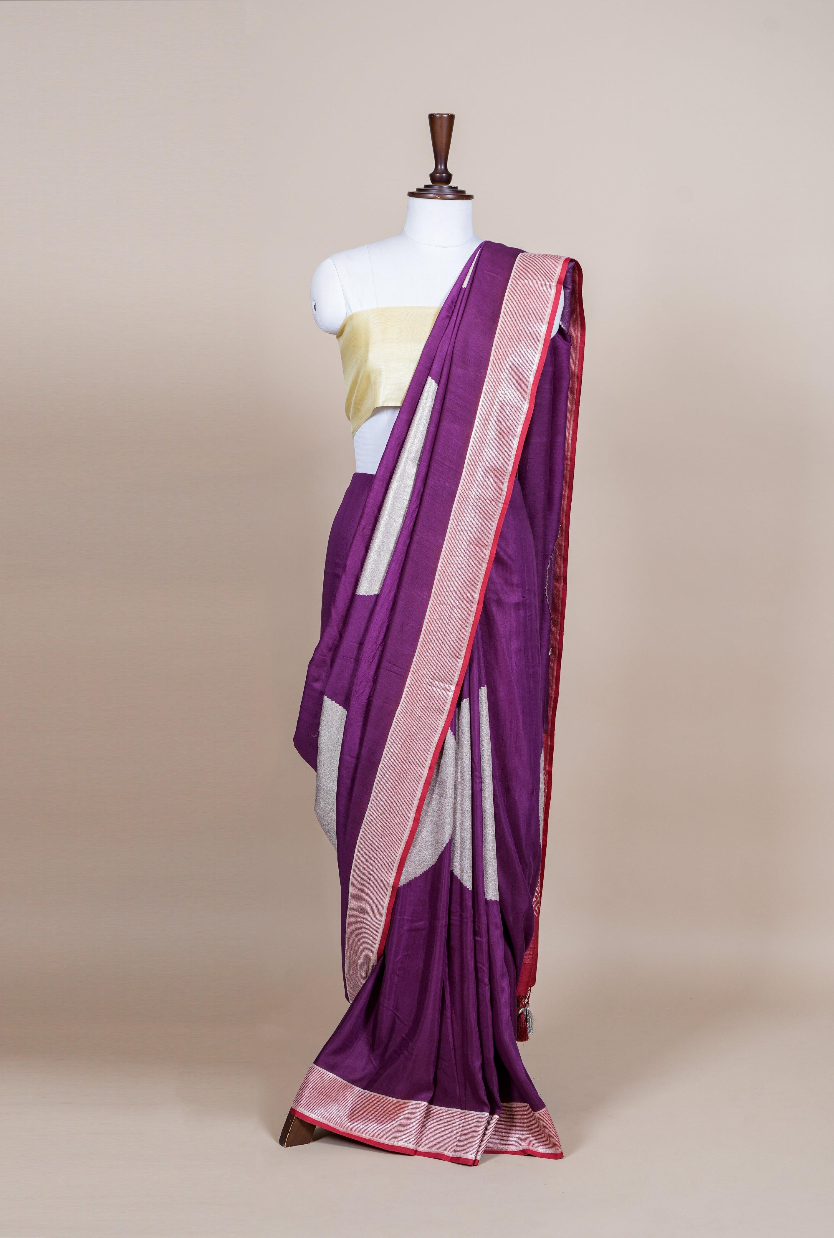 Handwoven Dark Purple Banarasi Handloom Silk Saree - Sumangal Ekam