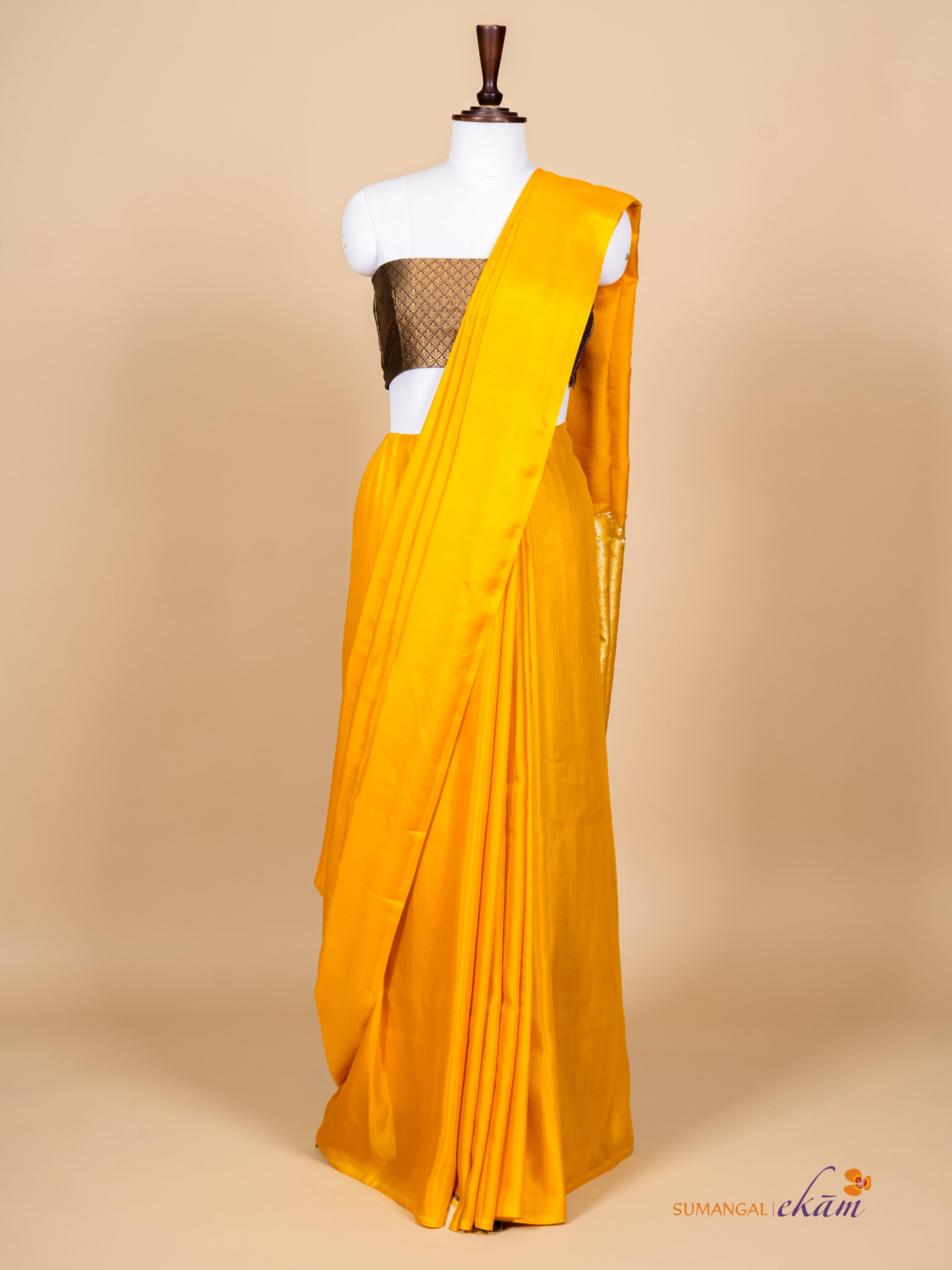 Handwoven Yellow Banarasi Moonga Soft Silk Saree - Sumangal Ekam