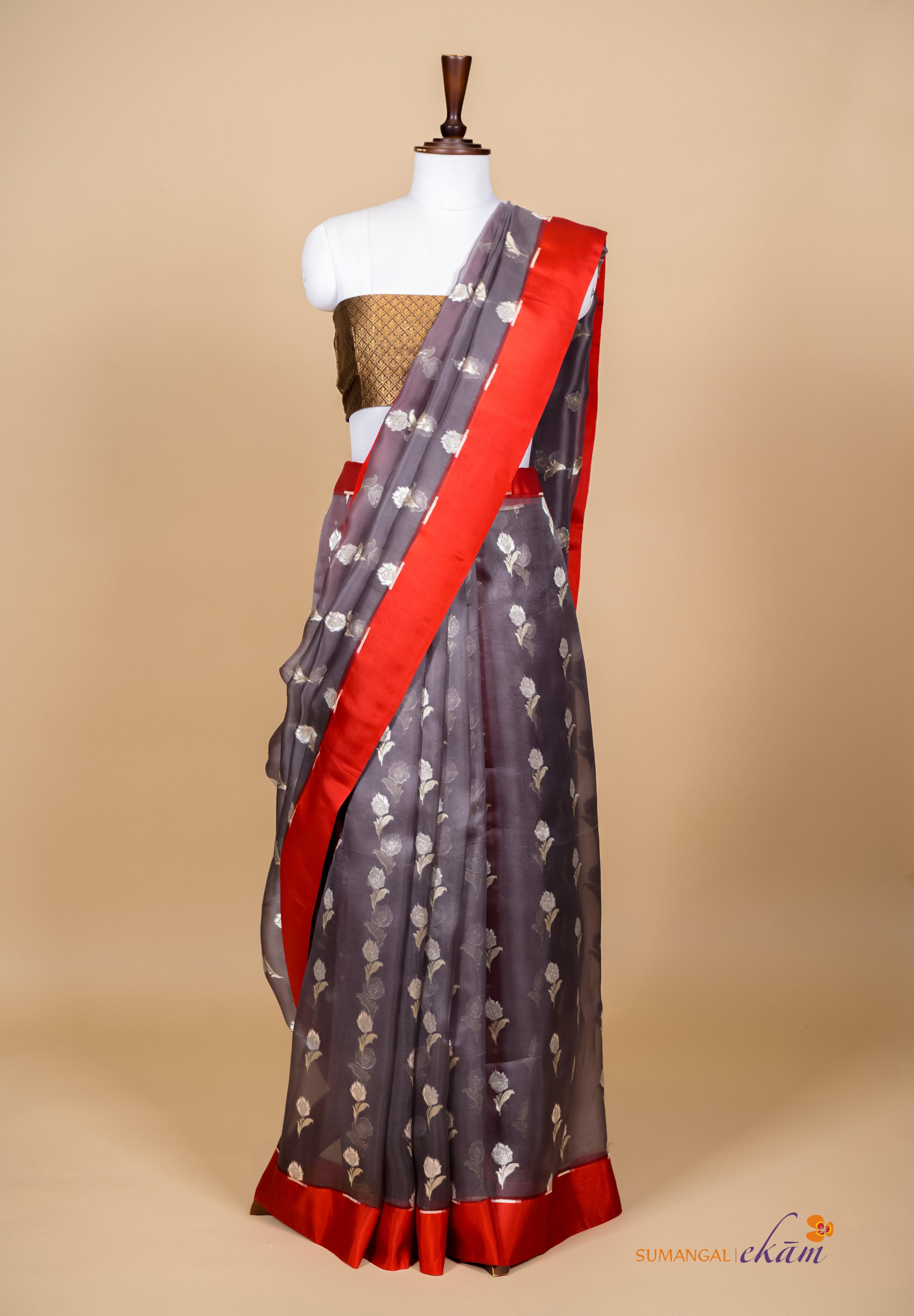 Handwoven Grey Banarasi Kora Silk Saree - Sumangal Ekam