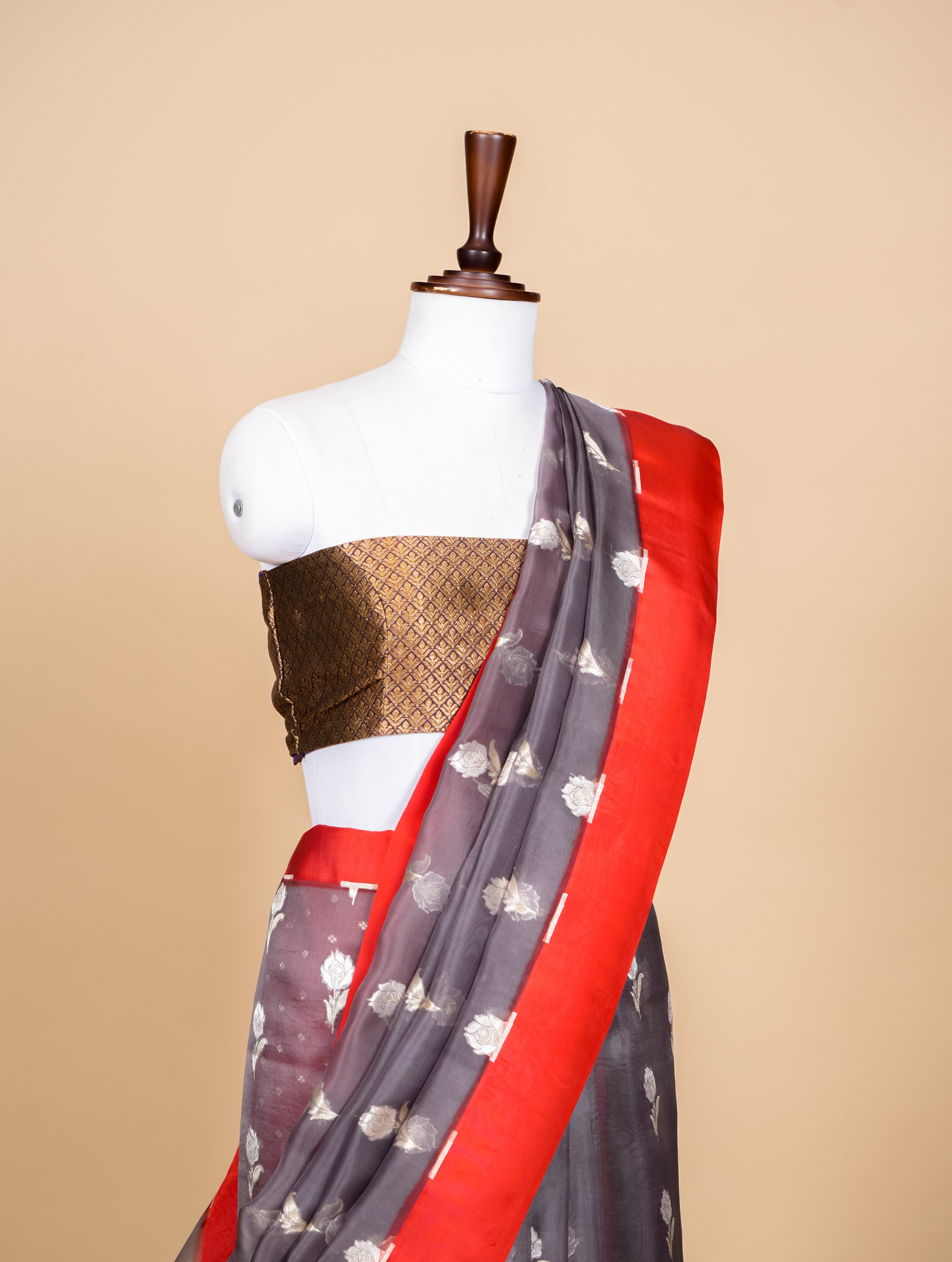 Handwoven Grey Banarasi Kora Silk Saree - Sumangal Ekam