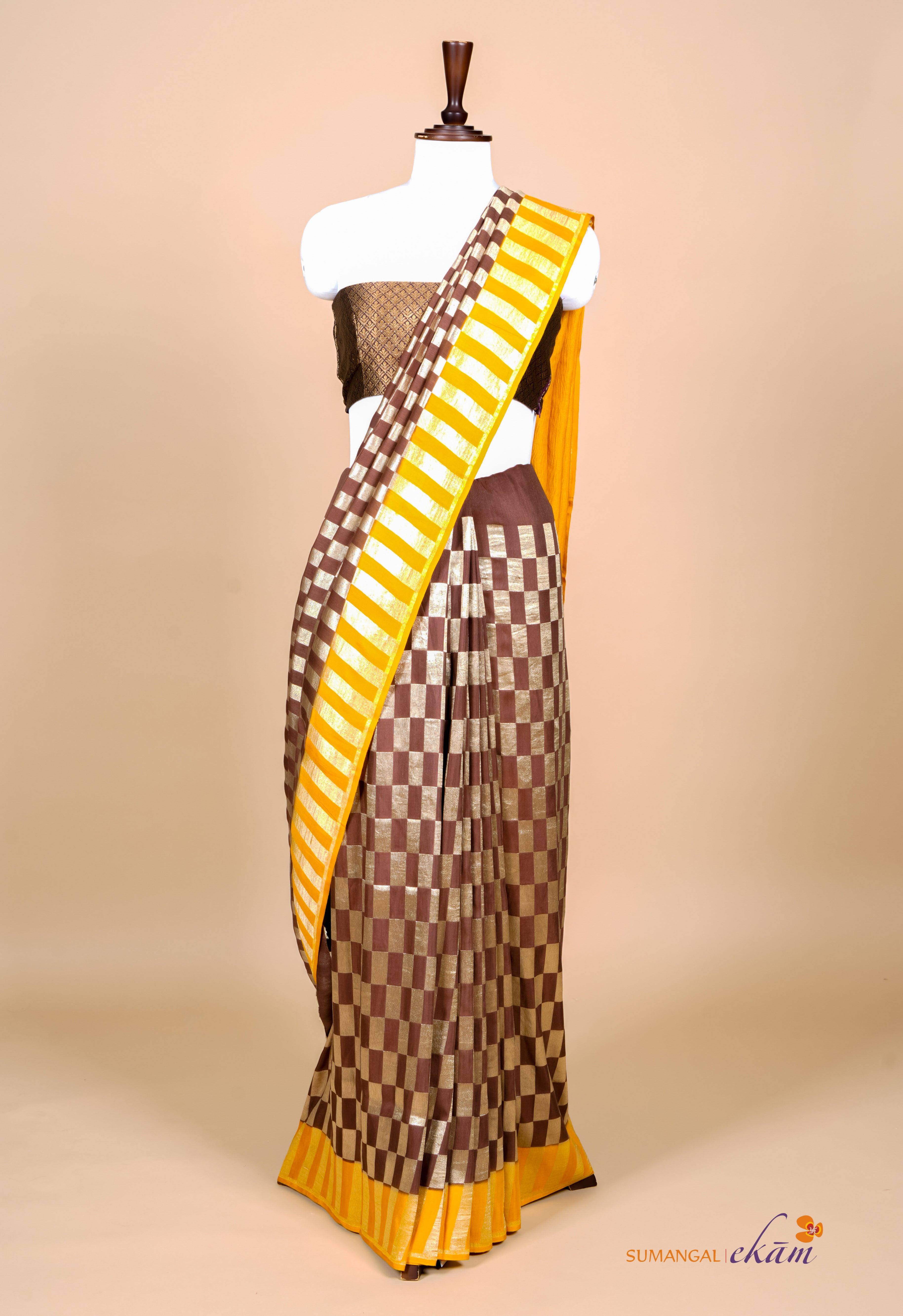 Handwoven Brown Banarasi Moonga Tissue Silk Saree - Sumangal Ekam