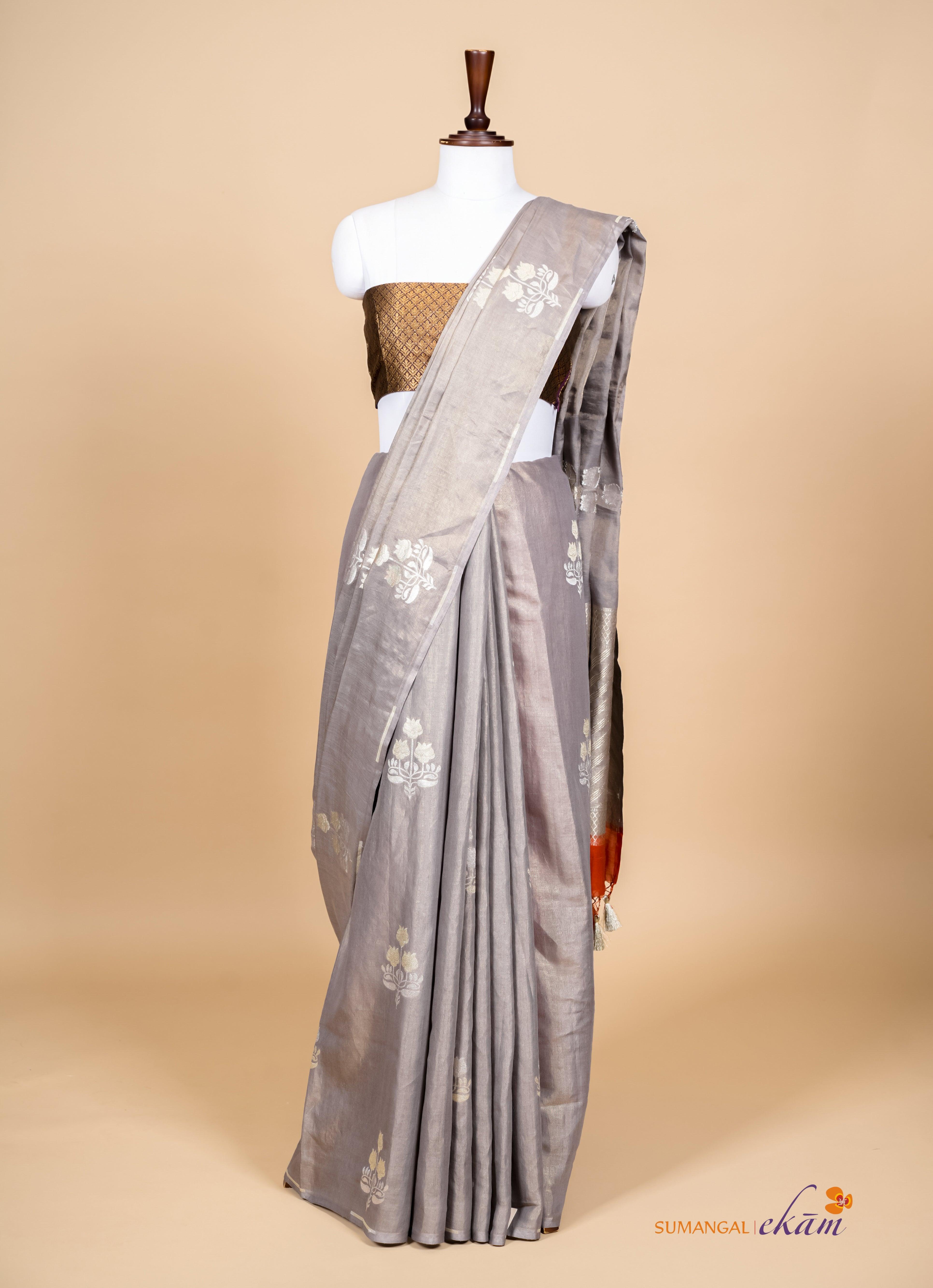 Handwoven Grey Banarasi Tissue Linen Silk  Saree - Sumangal Ekam