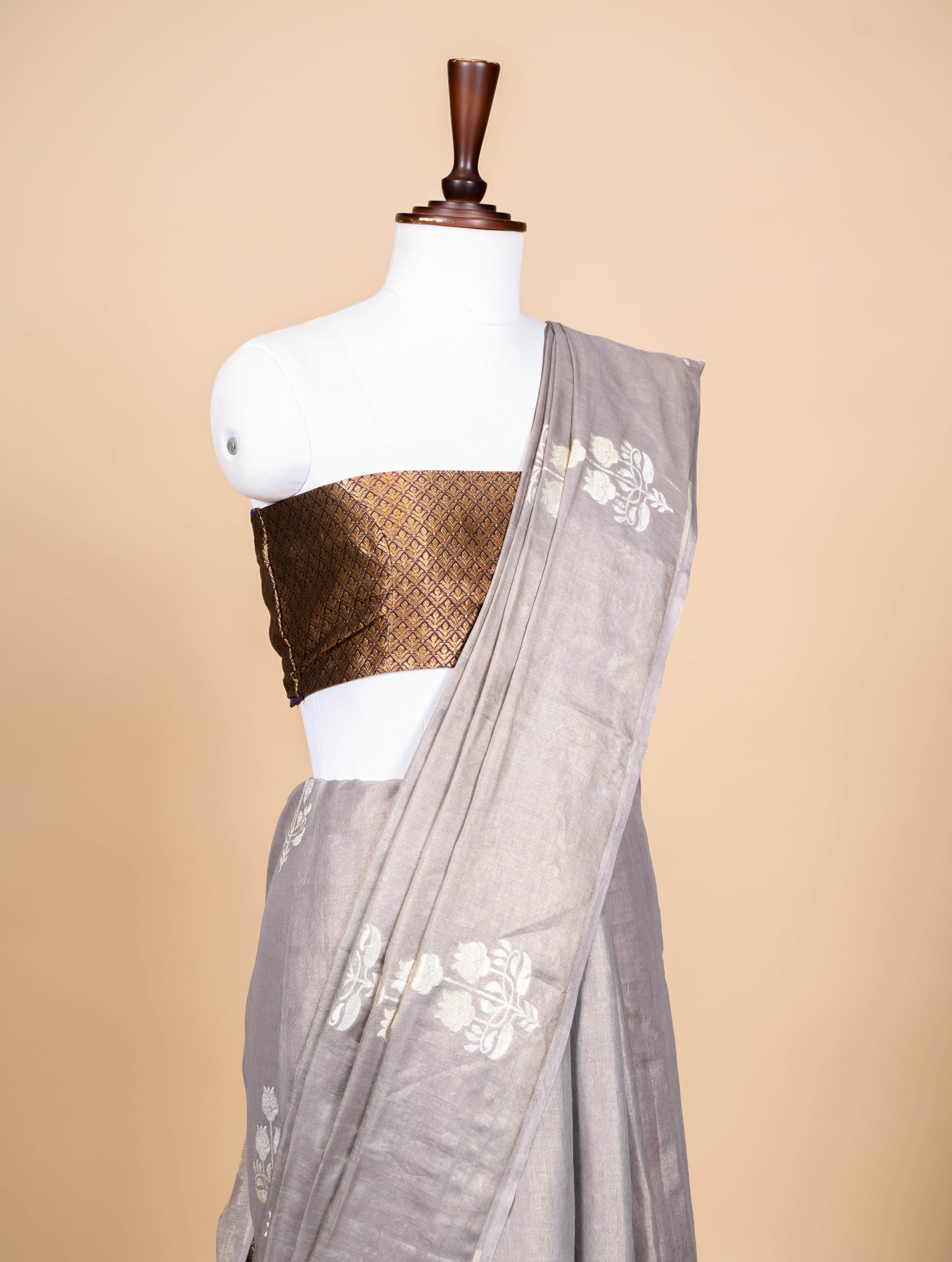 Handwoven Grey Banarasi Tissue Linen Silk  Saree - Sumangal Ekam