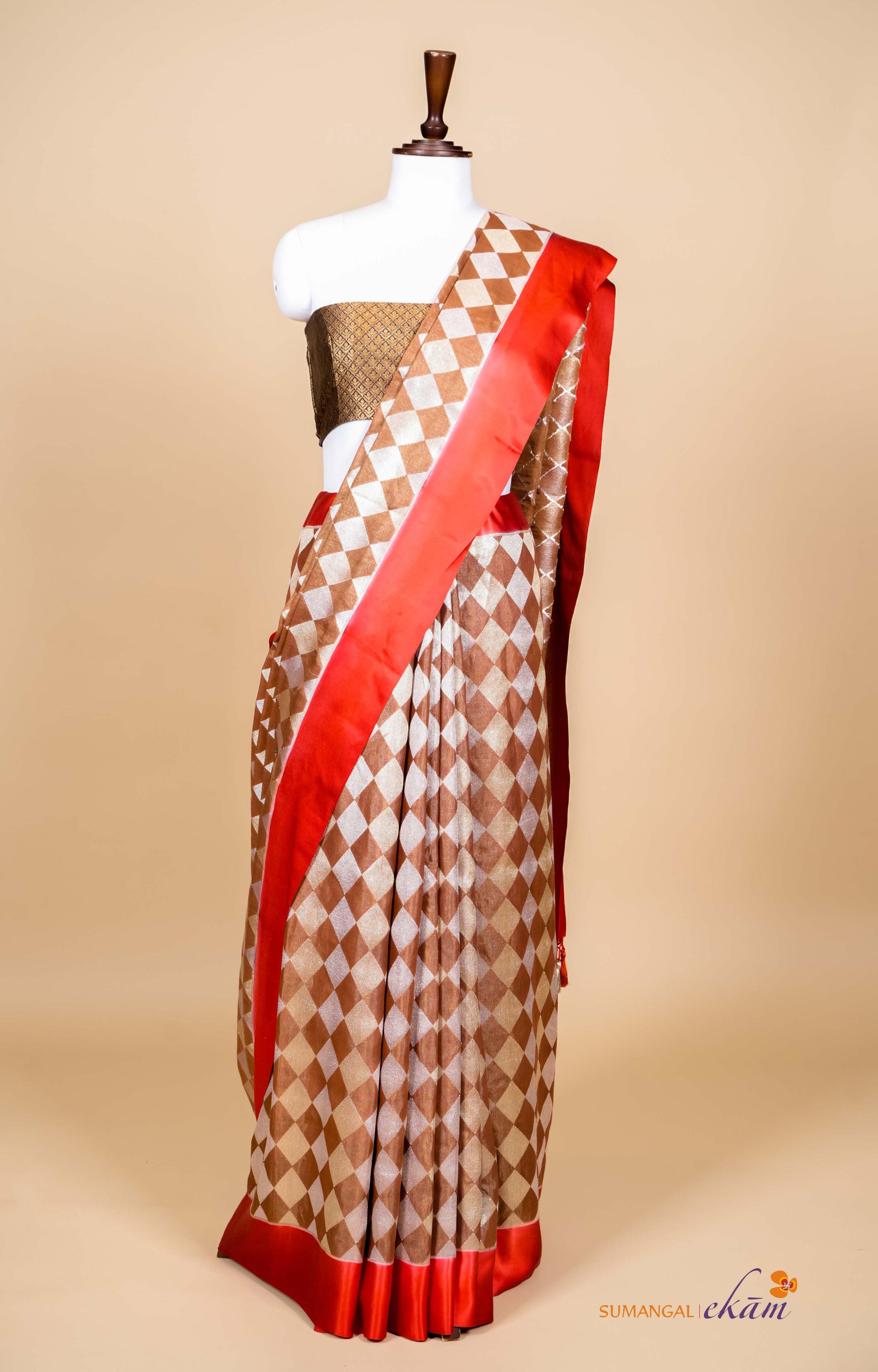 Handwoven Brown Banarasi Tissue Linen Silk Saree - Sumangal Ekam