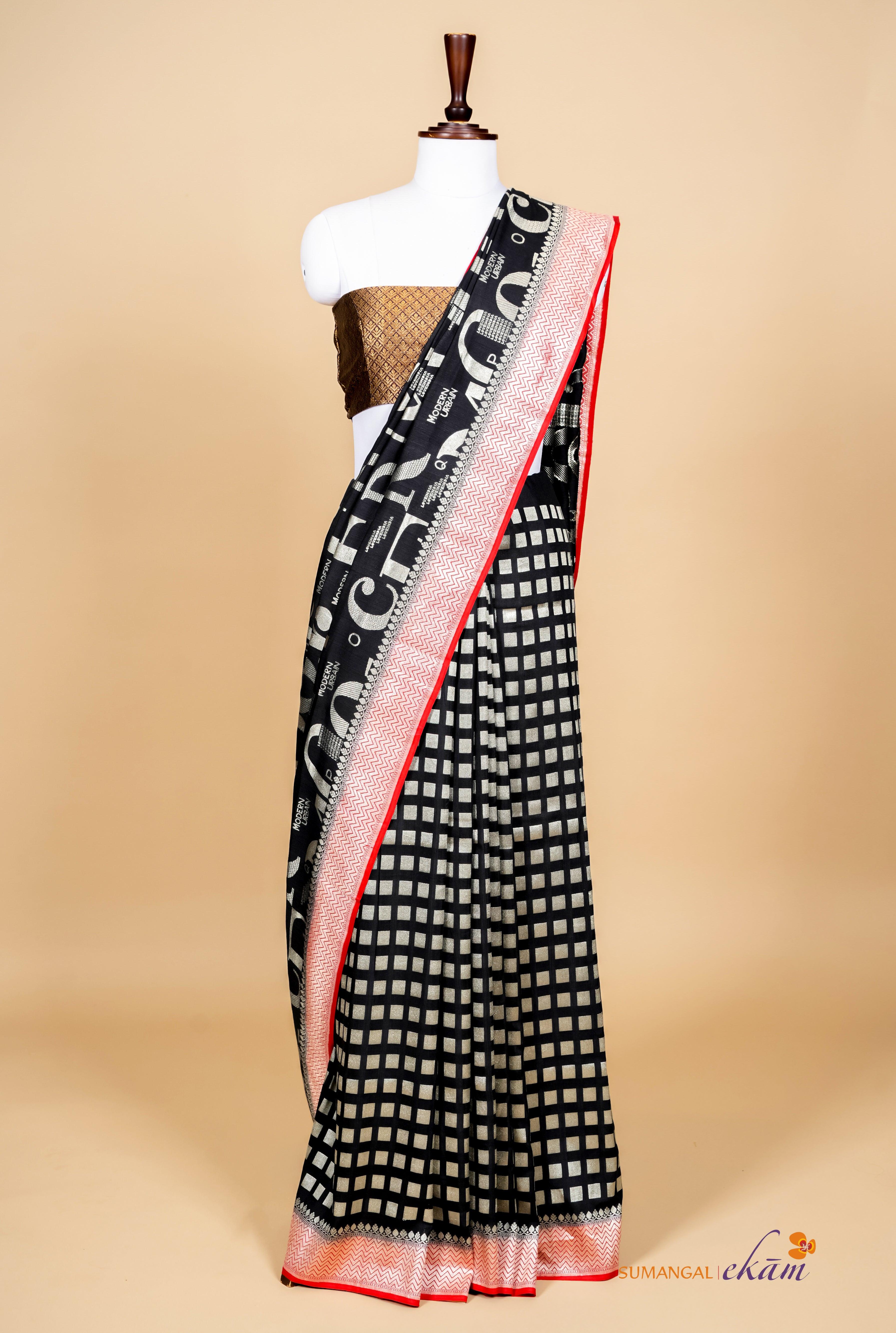Handwoven Black Banarasi Moonga Silk Saree - Sumangal Ekam