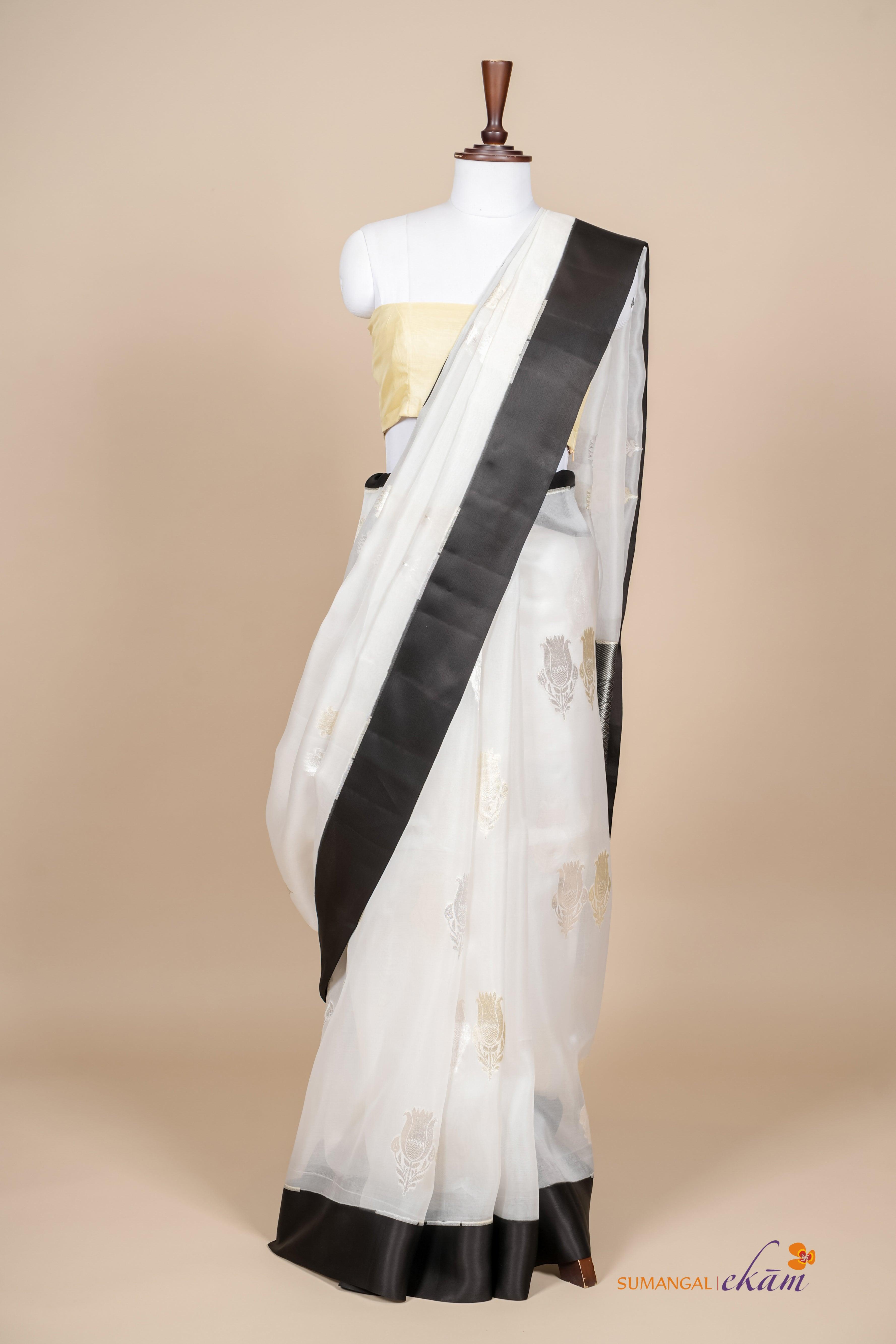 Handwoven White Banarasi Organza Silk Saree - Sumangal Ekam