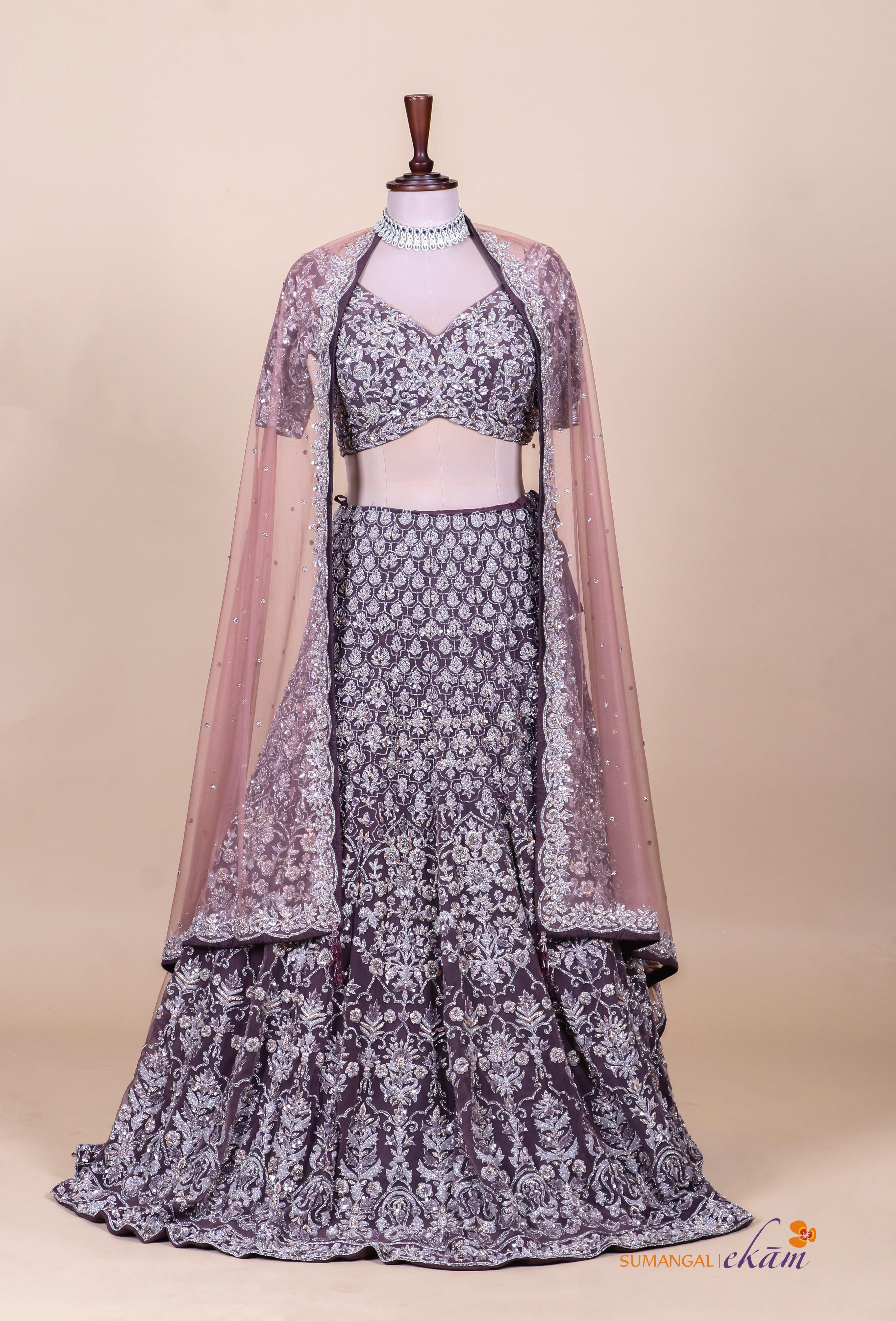 Designer Dark Coffee Brown Silk Party Wear Lehenga - Sumangal Ekam