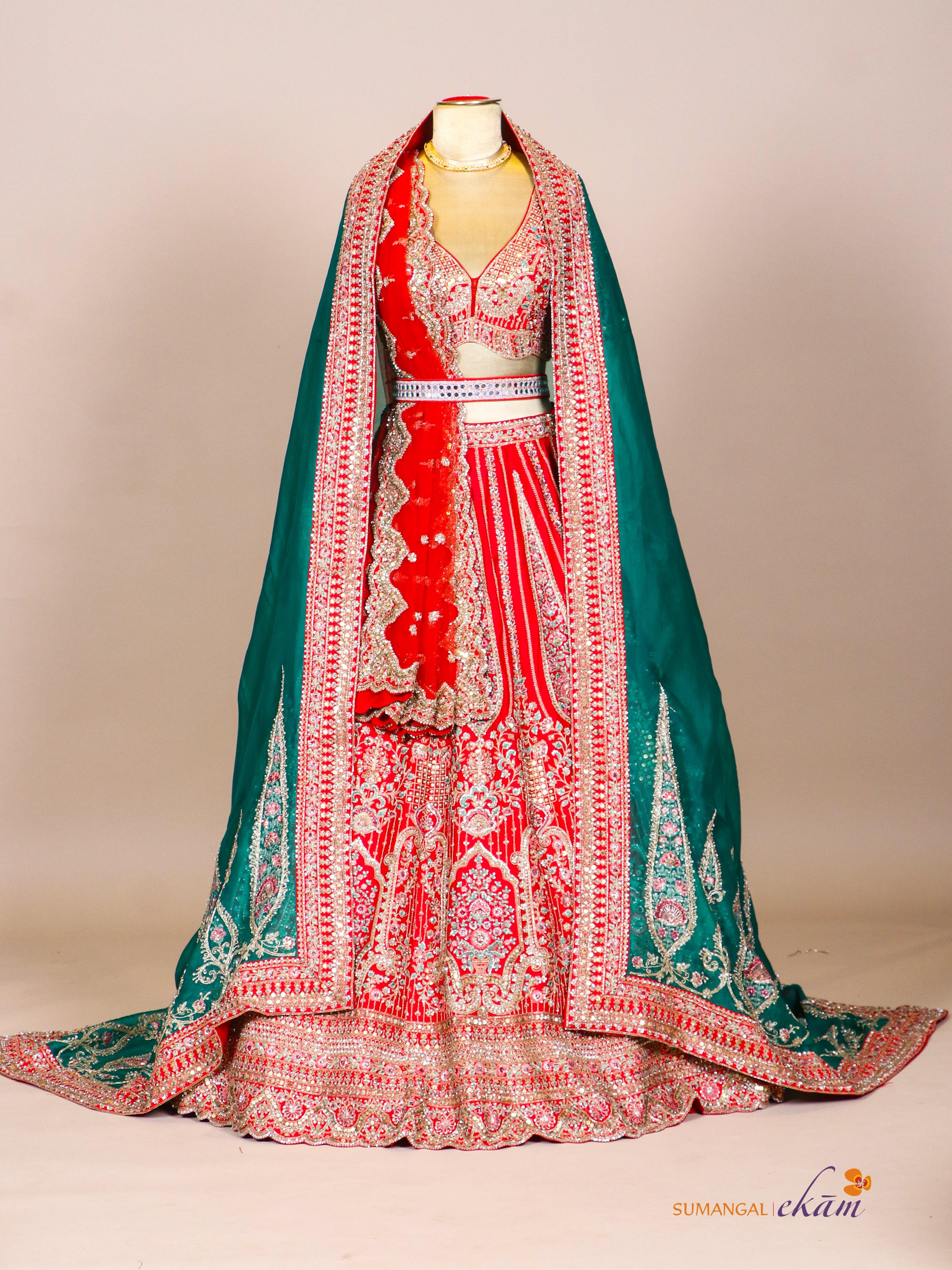 Designer Red Raw Silk Bridal Lehenga - Sumangal Ekam