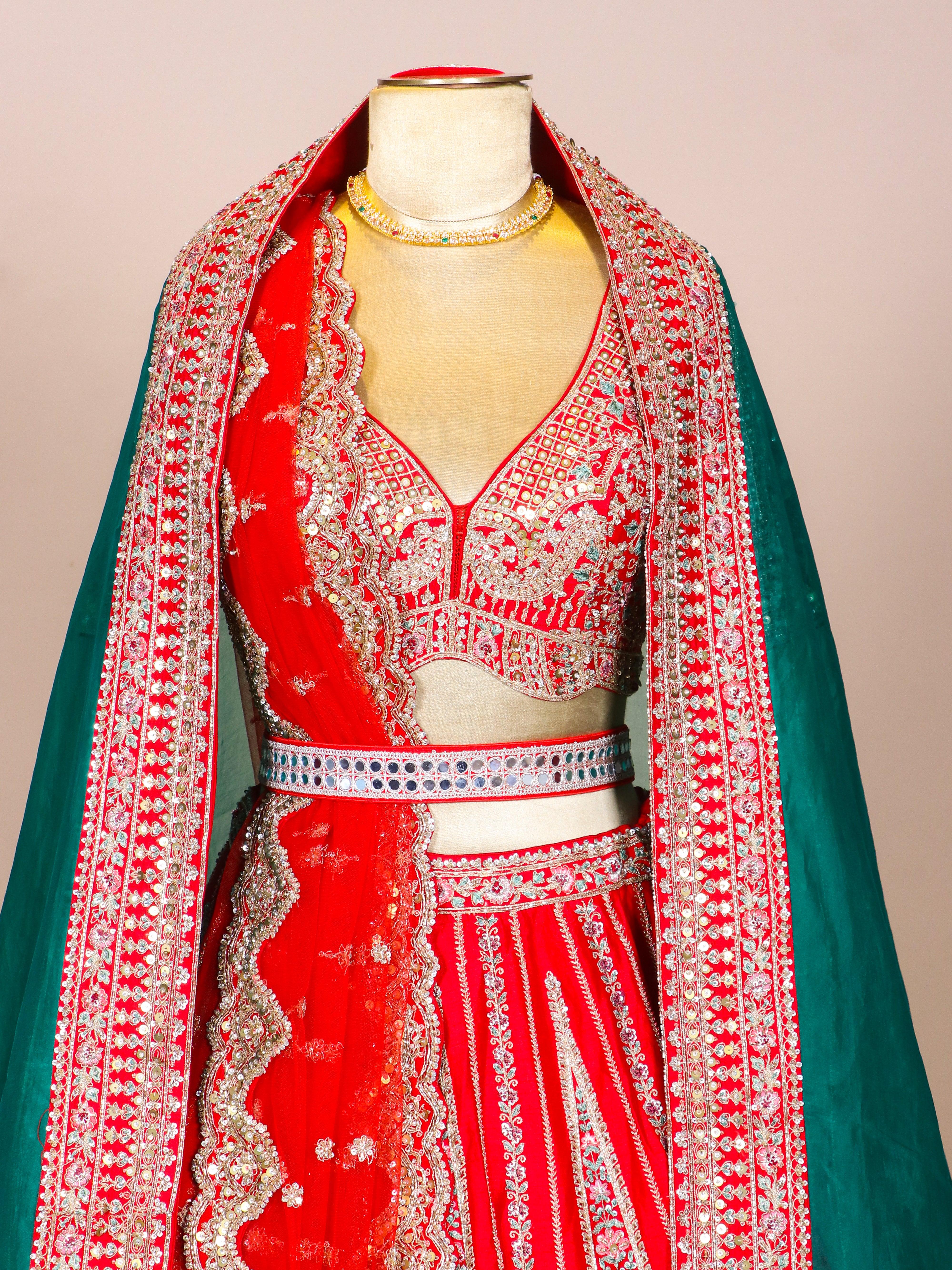 Designer Red Raw Silk Bridal Lehenga - Sumangal Ekam