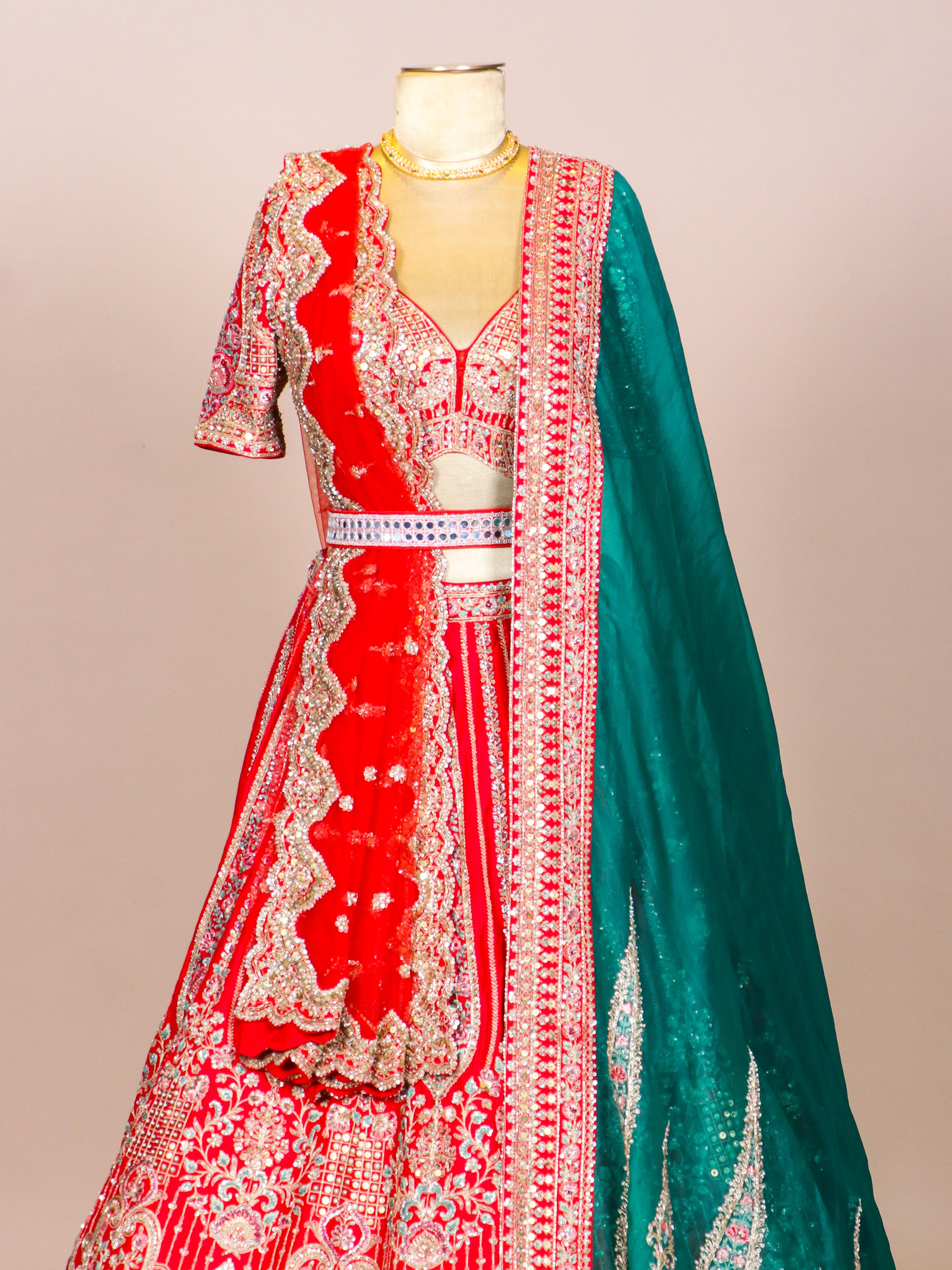 Designer Red Raw Silk Bridal Lehenga - Sumangal Ekam