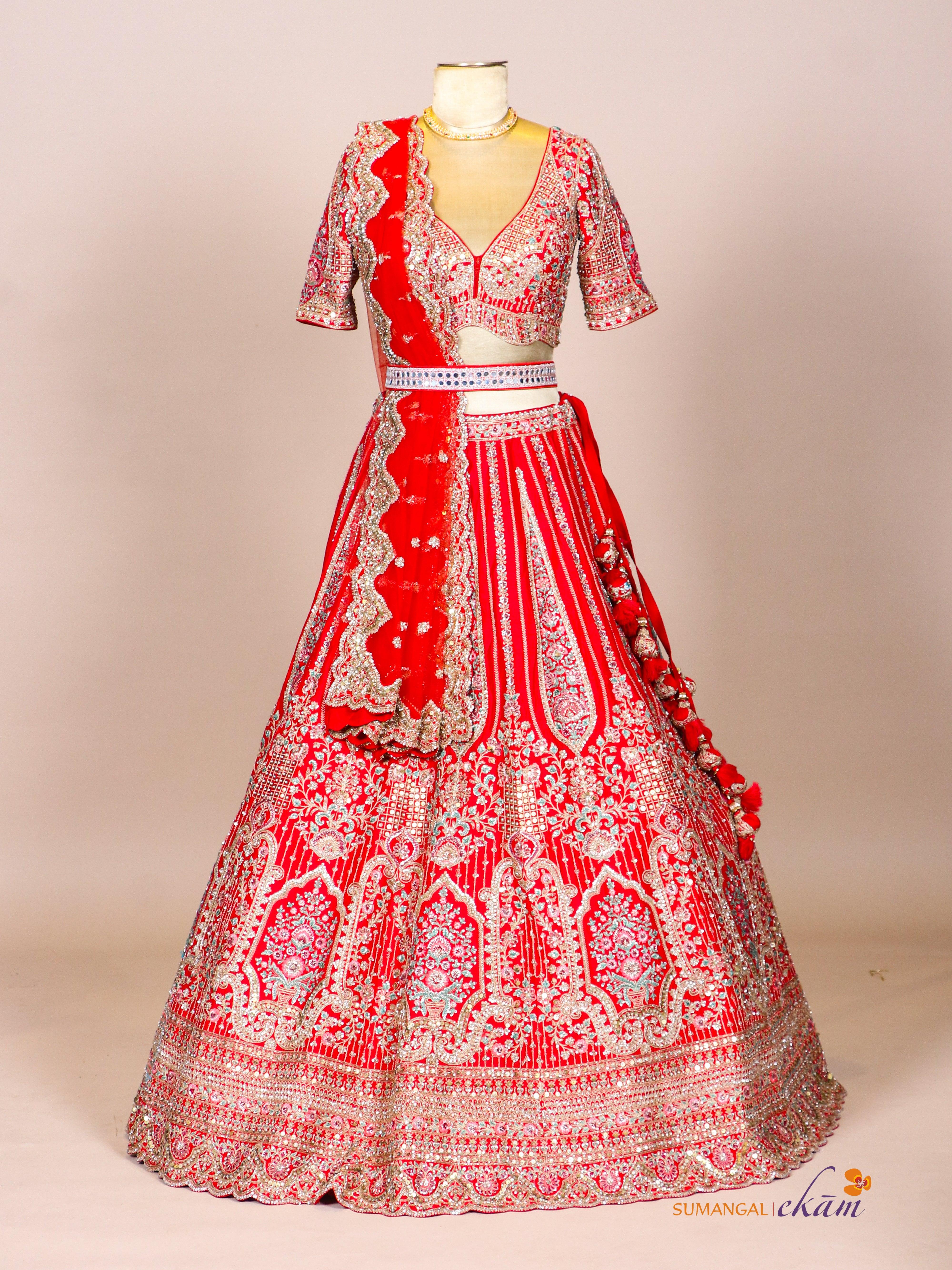 Designer Red Raw Silk Bridal Lehenga - Sumangal Ekam