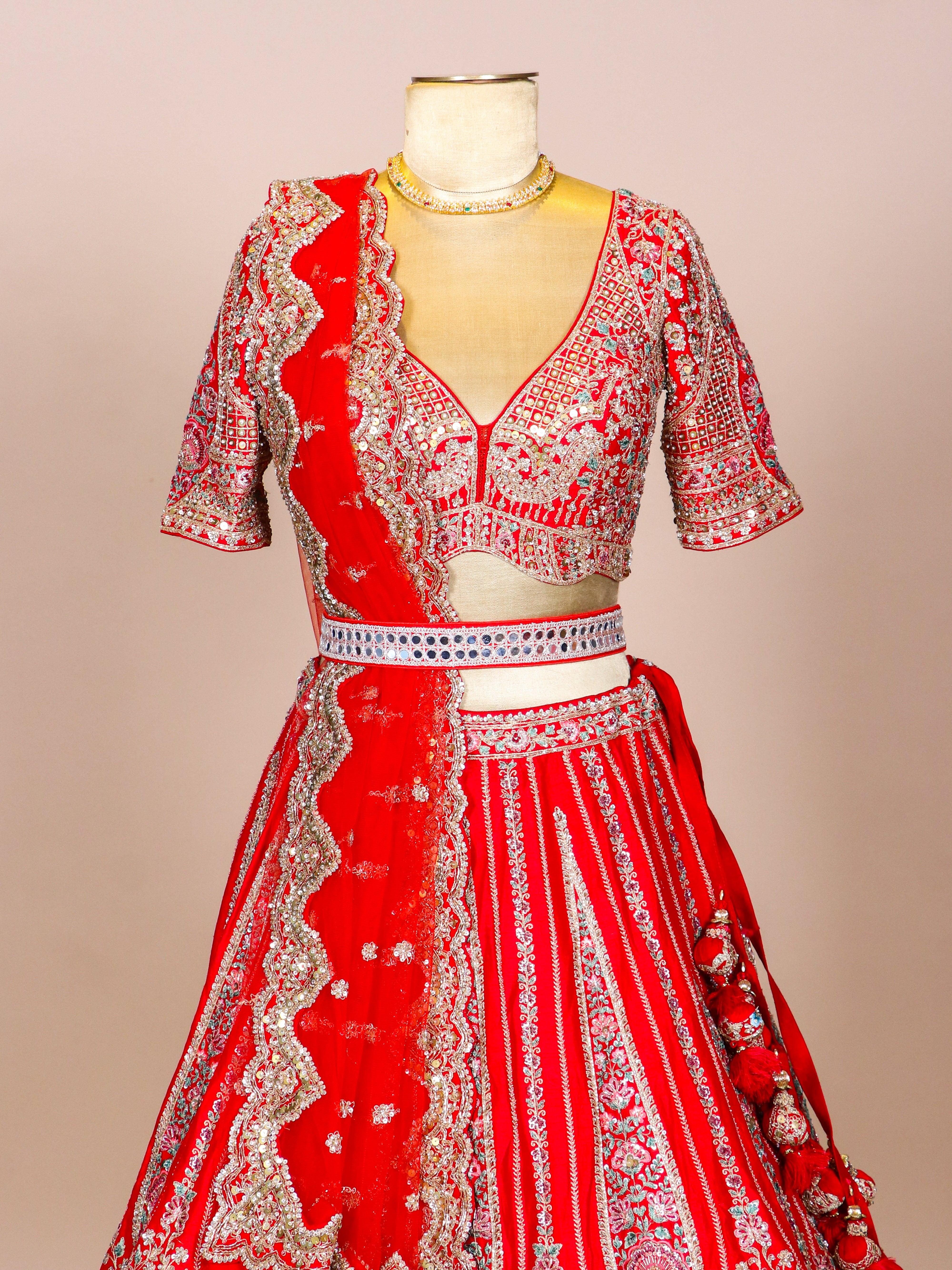 Designer Red Raw Silk Bridal Lehenga - Sumangal Ekam