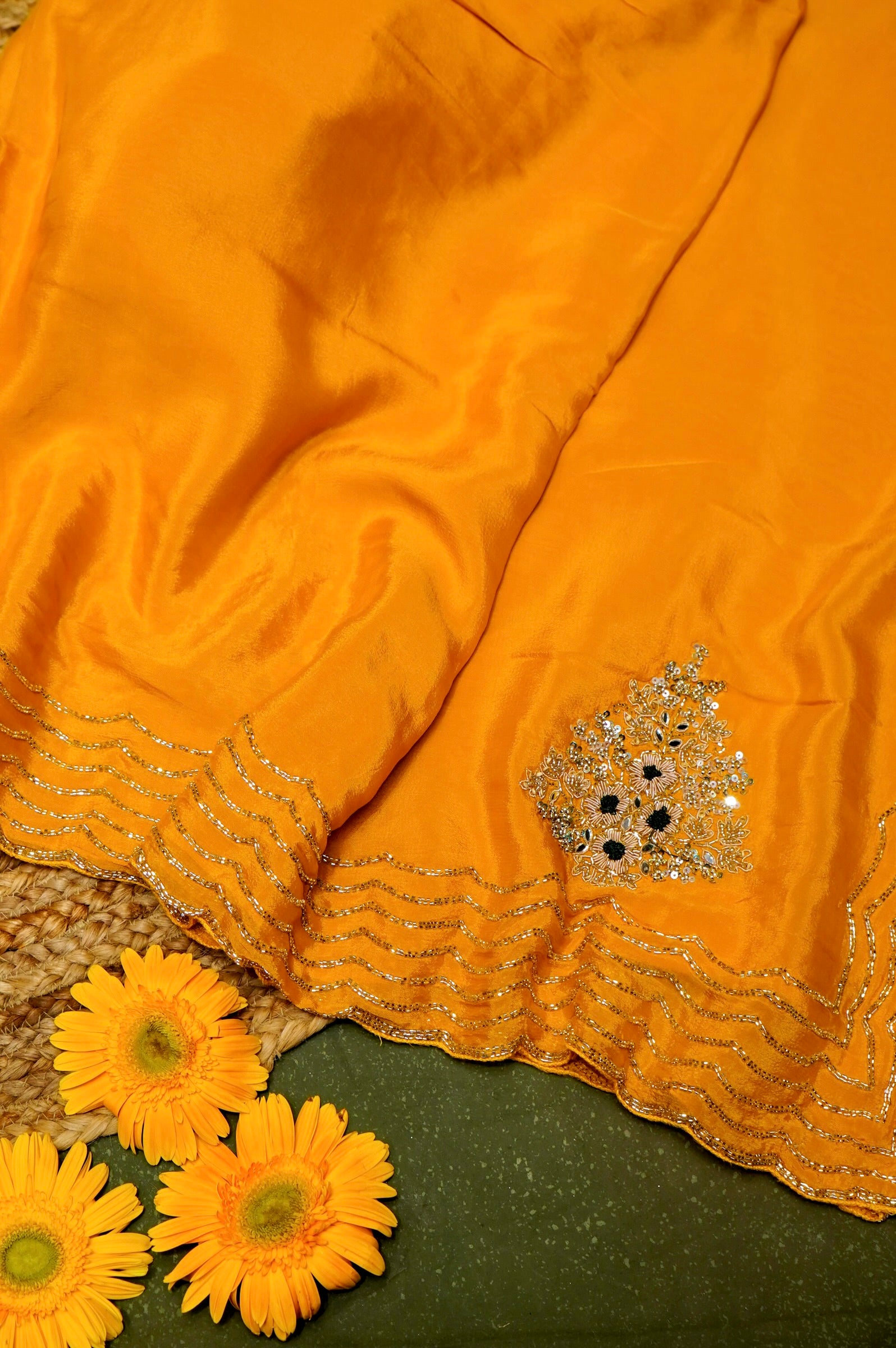 Designer Yellow Crepe Silk Saree