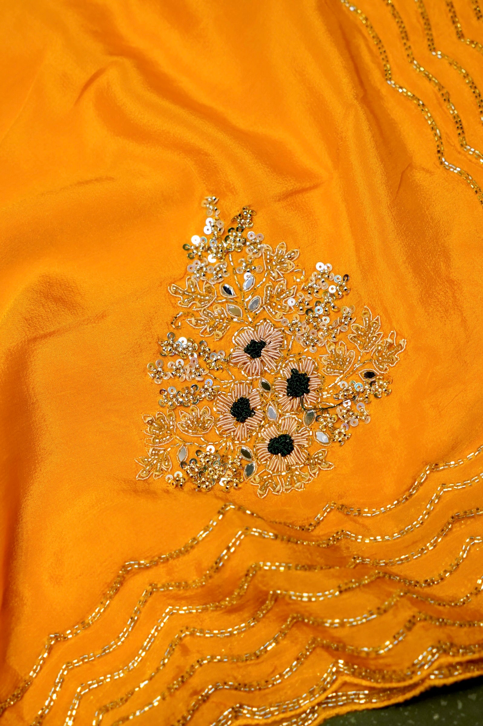 Designer Yellow Crepe Silk Saree