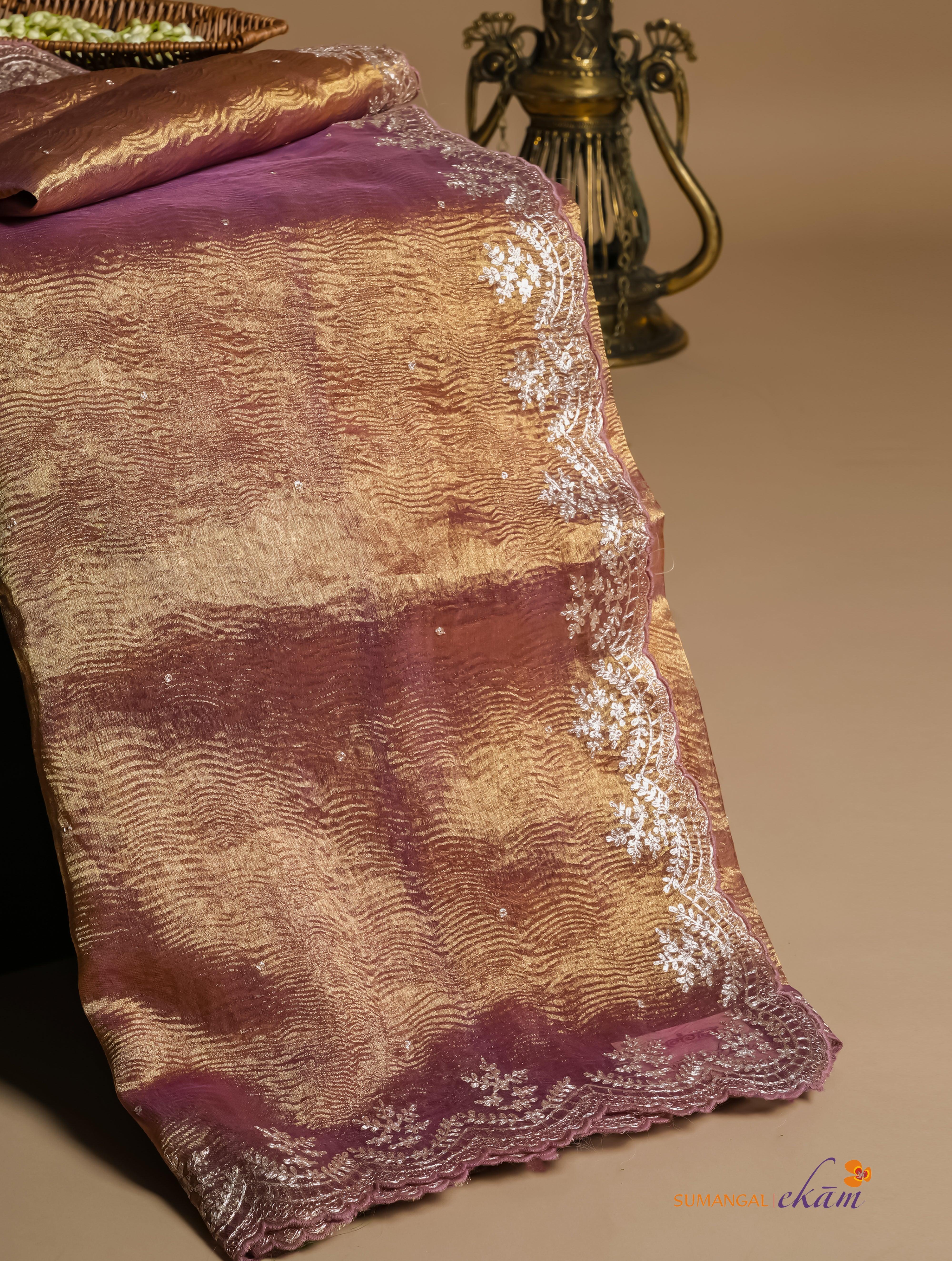 Designer Copper Brown Crush Tissue Silk Saree - Sumangal Ekam