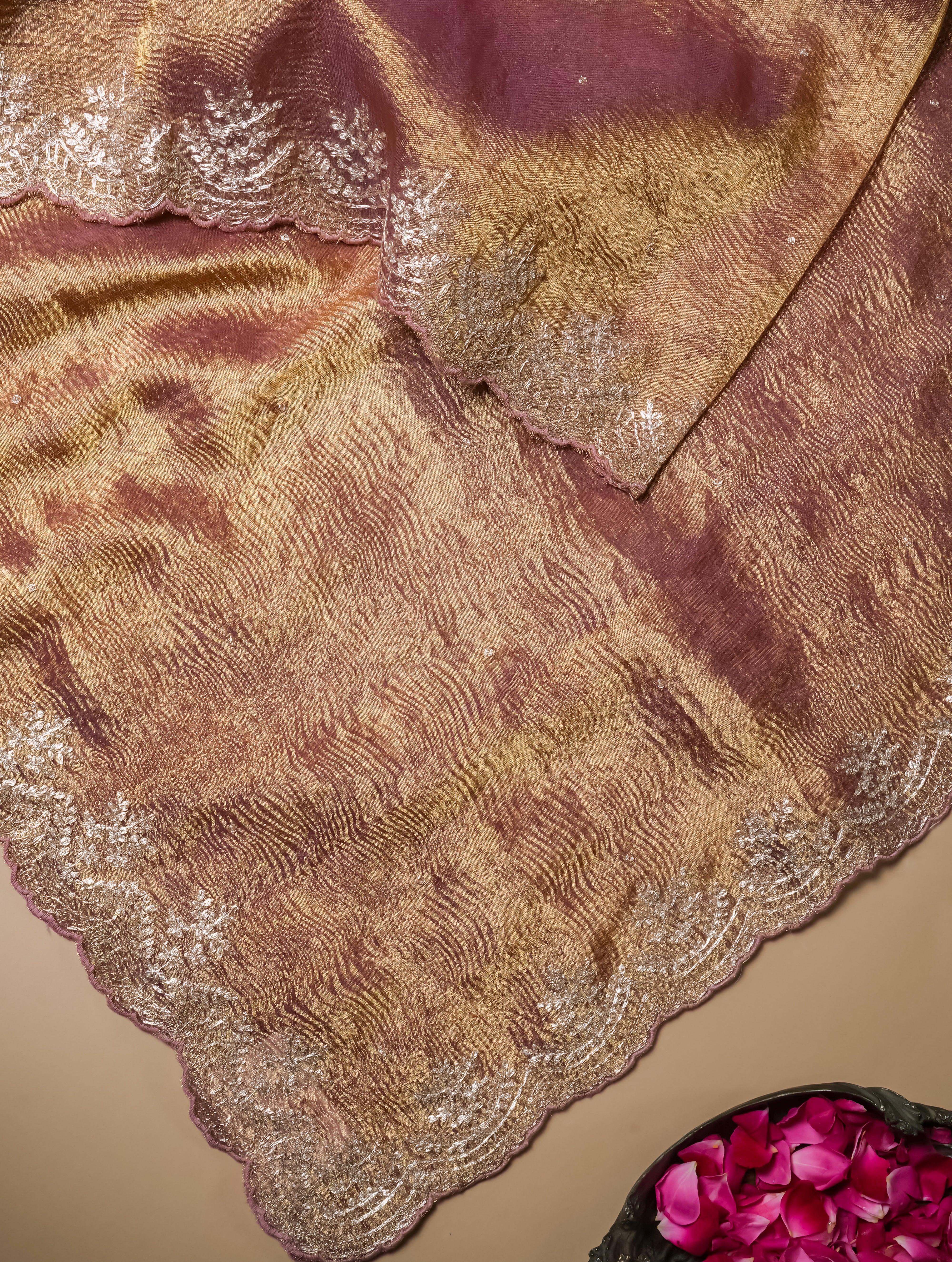 Designer Copper Brown Crush Tissue Silk Saree - Sumangal Ekam