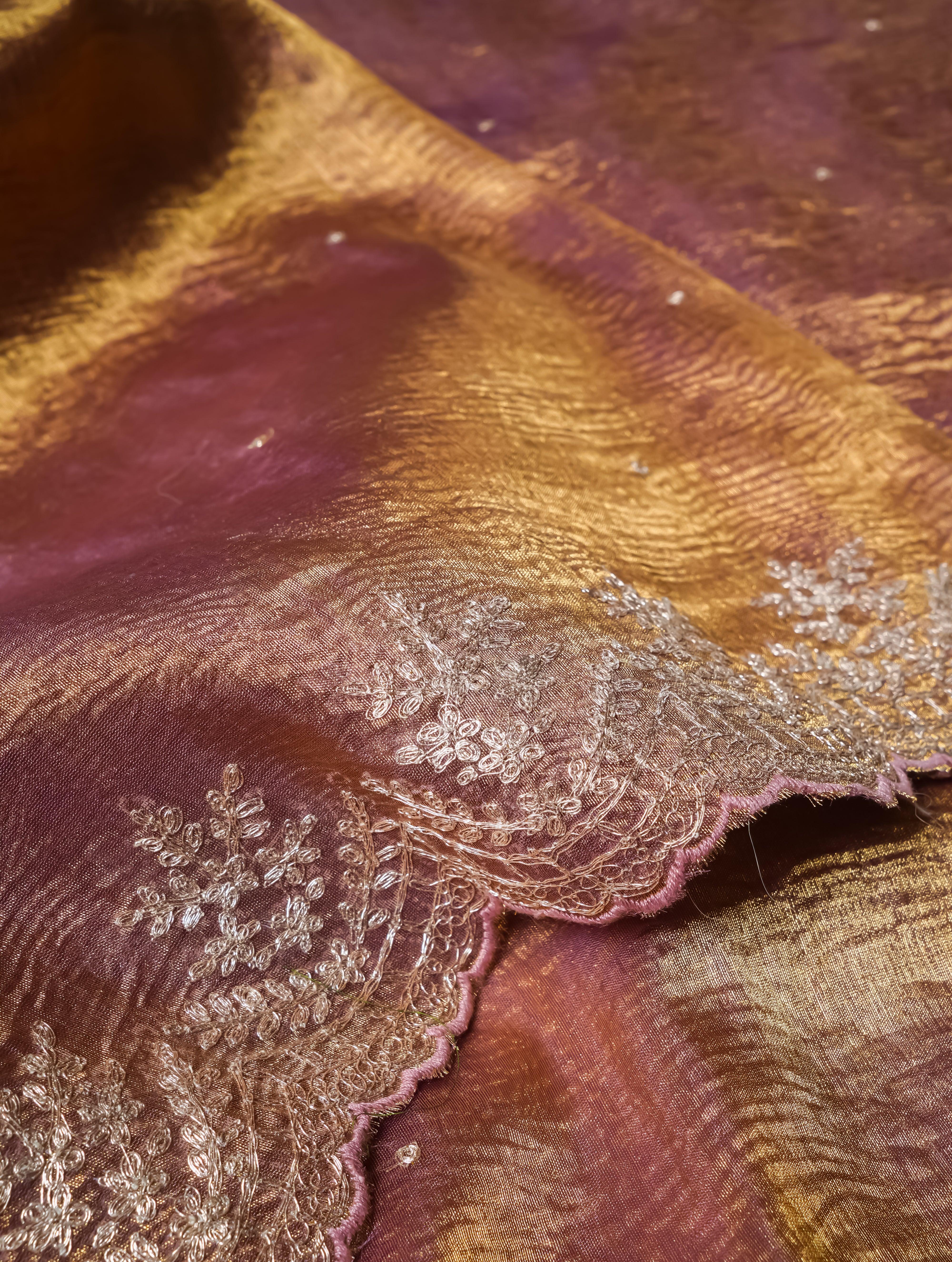 Designer Copper Brown Crush Tissue Silk Saree - Sumangal Ekam