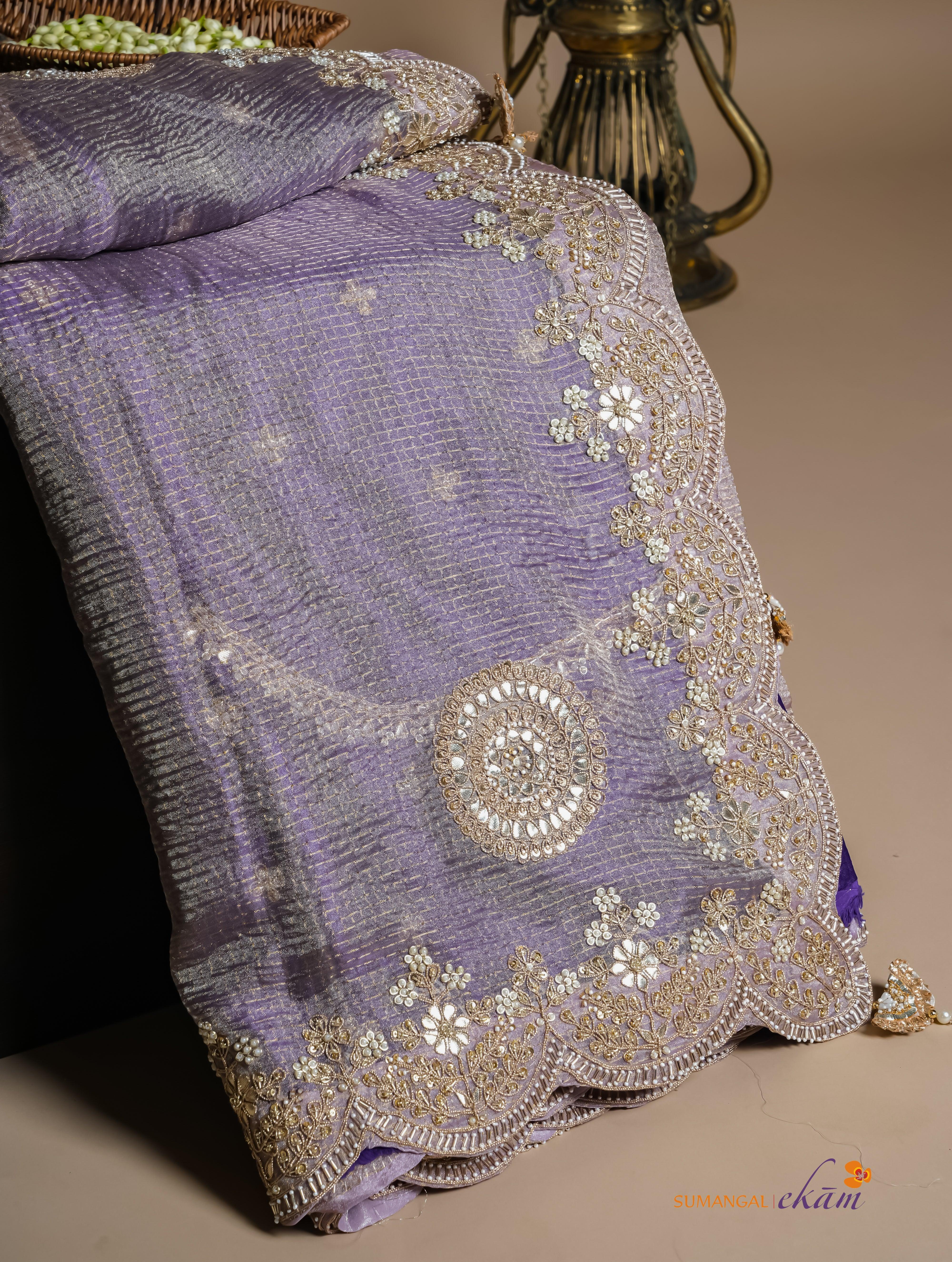 Designer Lavender Crush Tissue Silk Saree - Sumangal Ekam