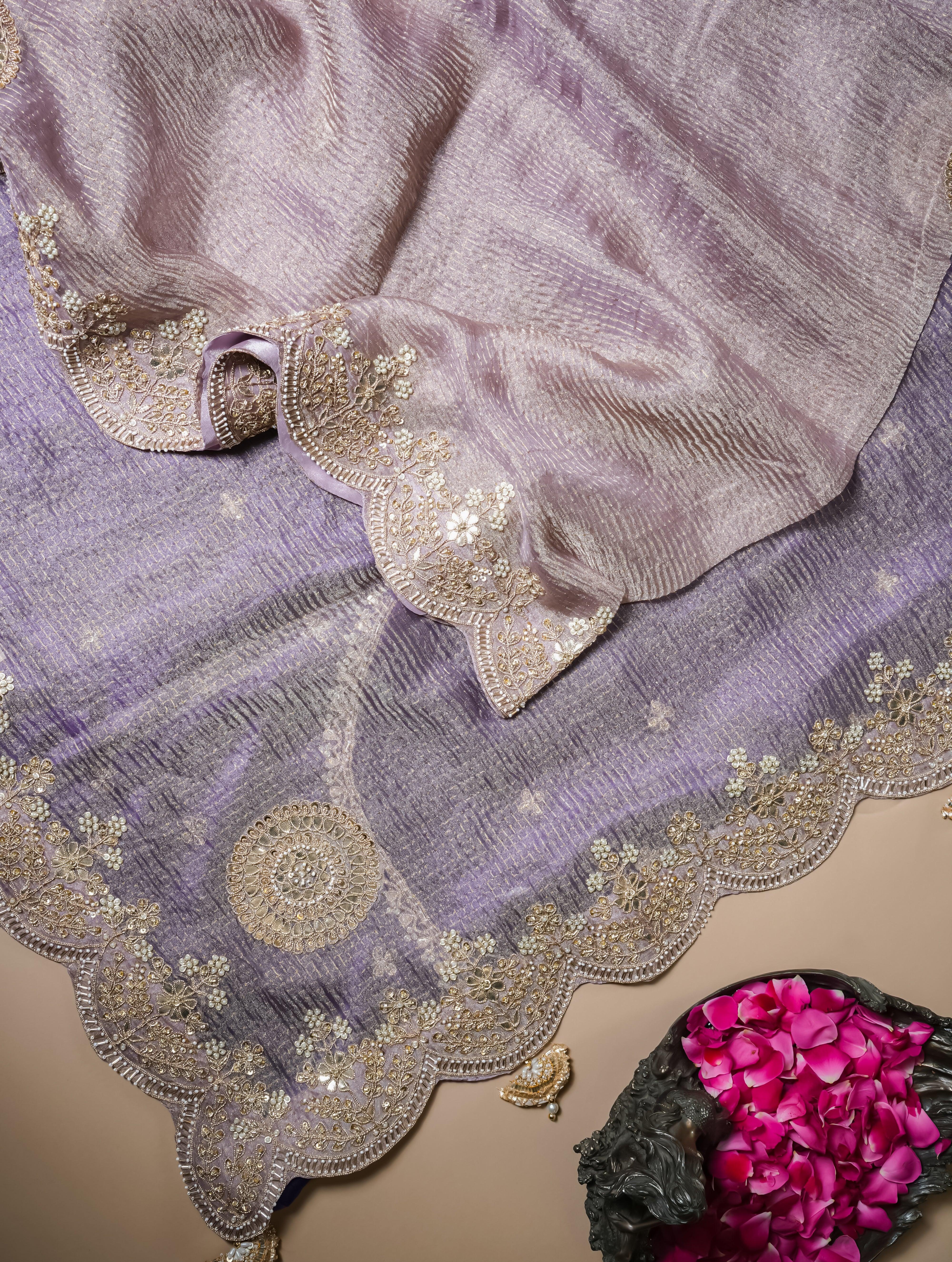 Designer Lavender Crush Tissue Silk Saree - Sumangal Ekam