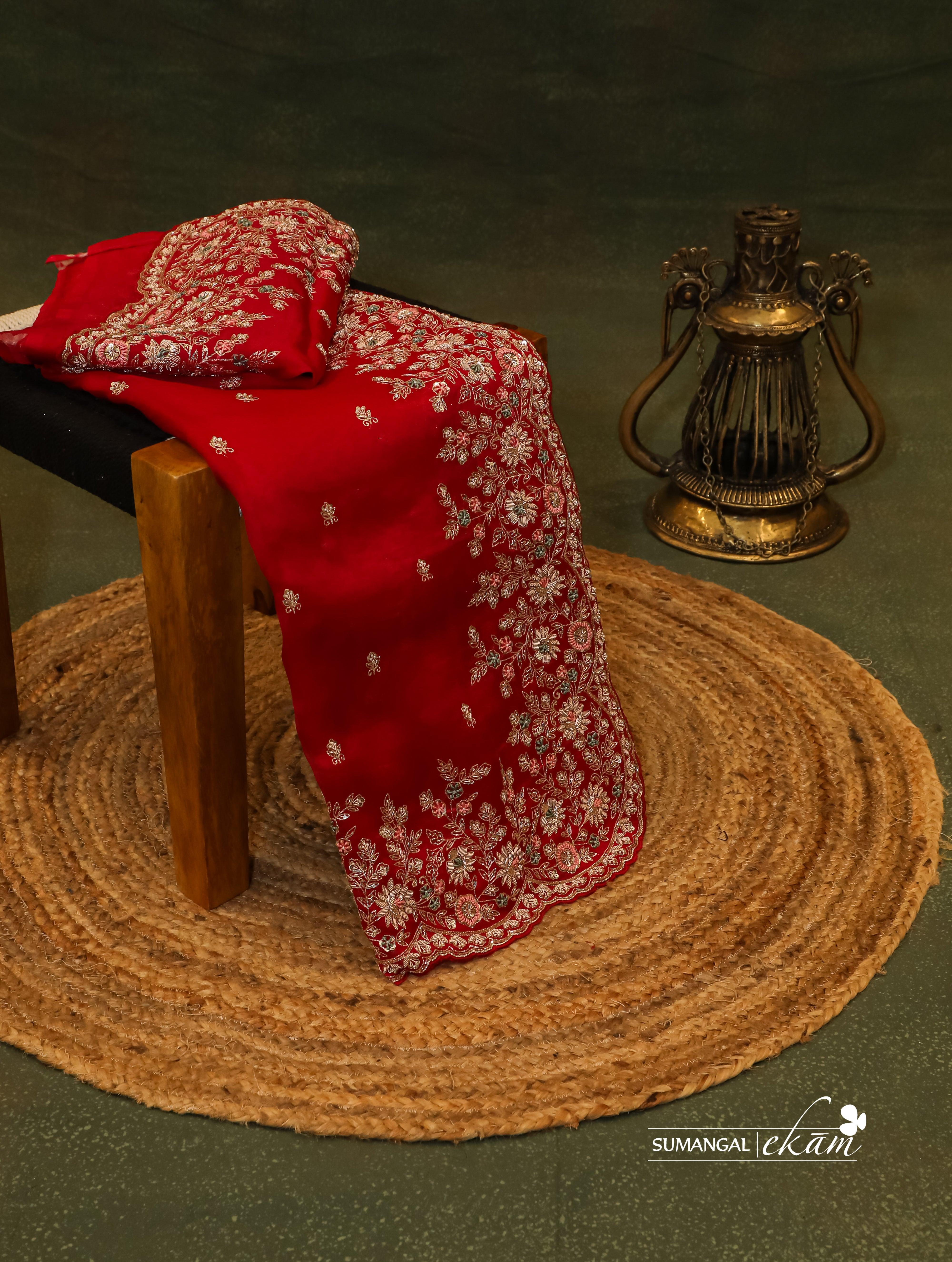 Designer Red Organza Silk Saree - Sumangal Ekam