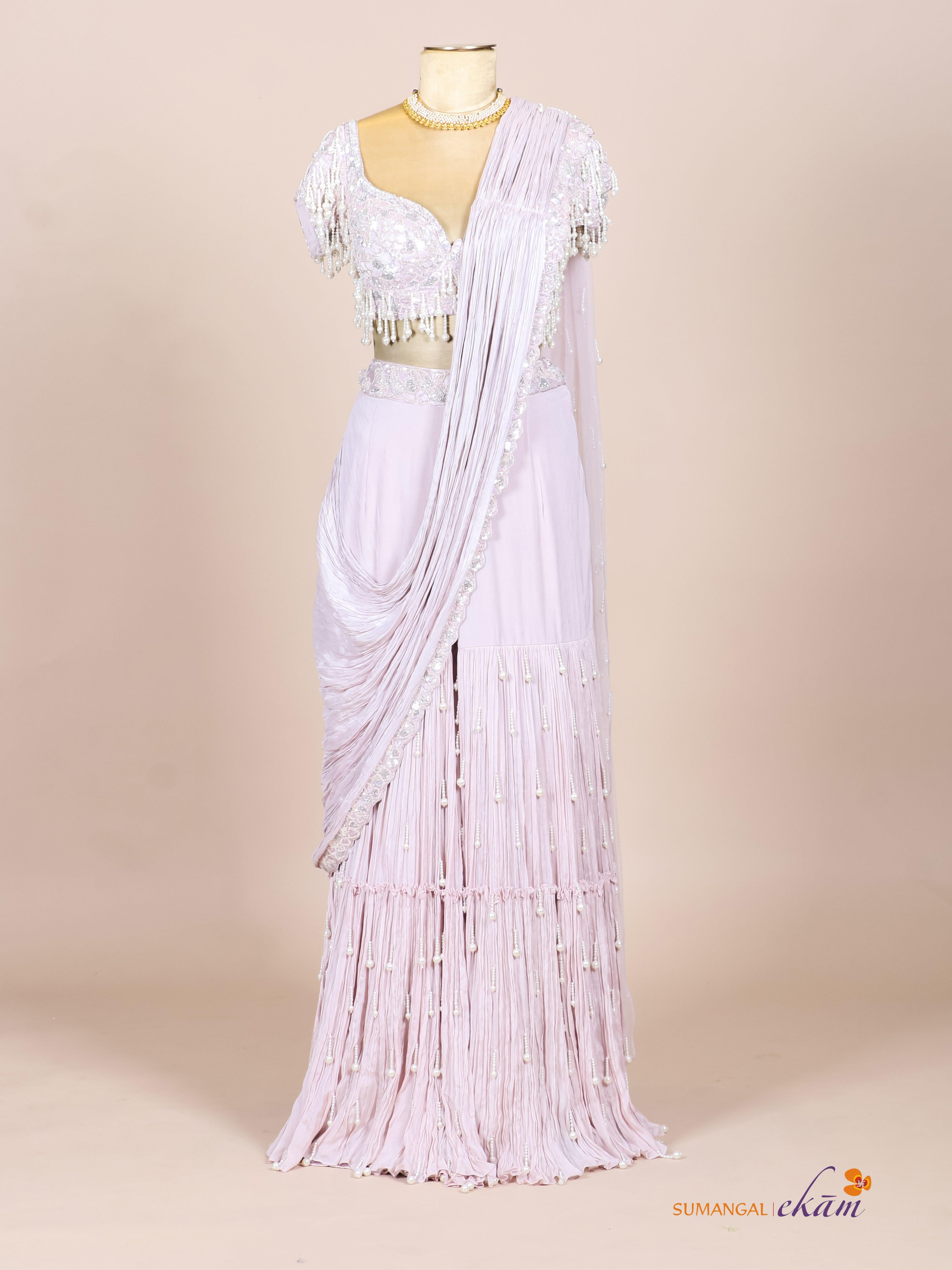 Designer Lavender Georgette Crepe Party Wear Drape Saree - Sumangal Ekam