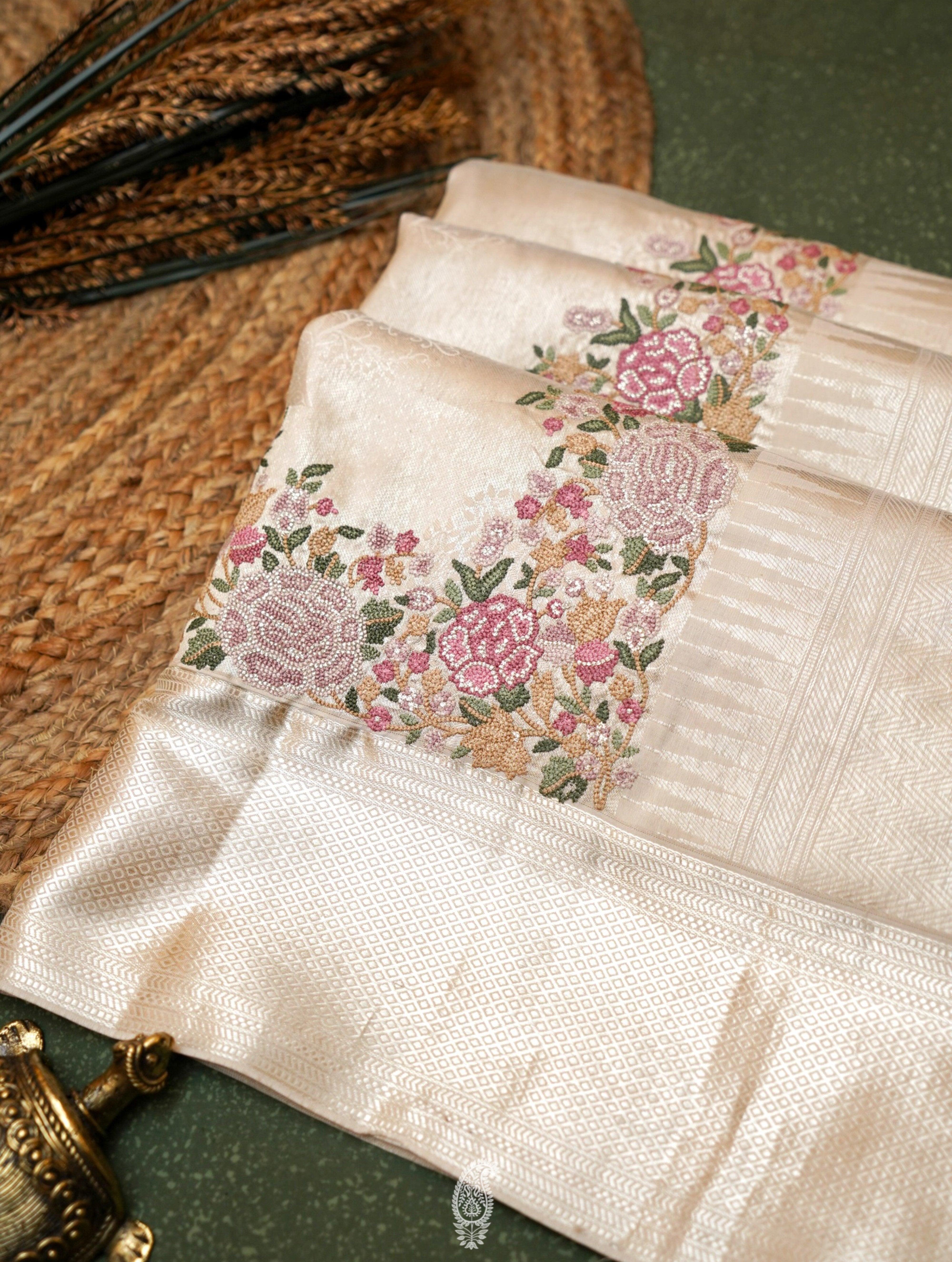 Designer Off White Katan Silk Saree
