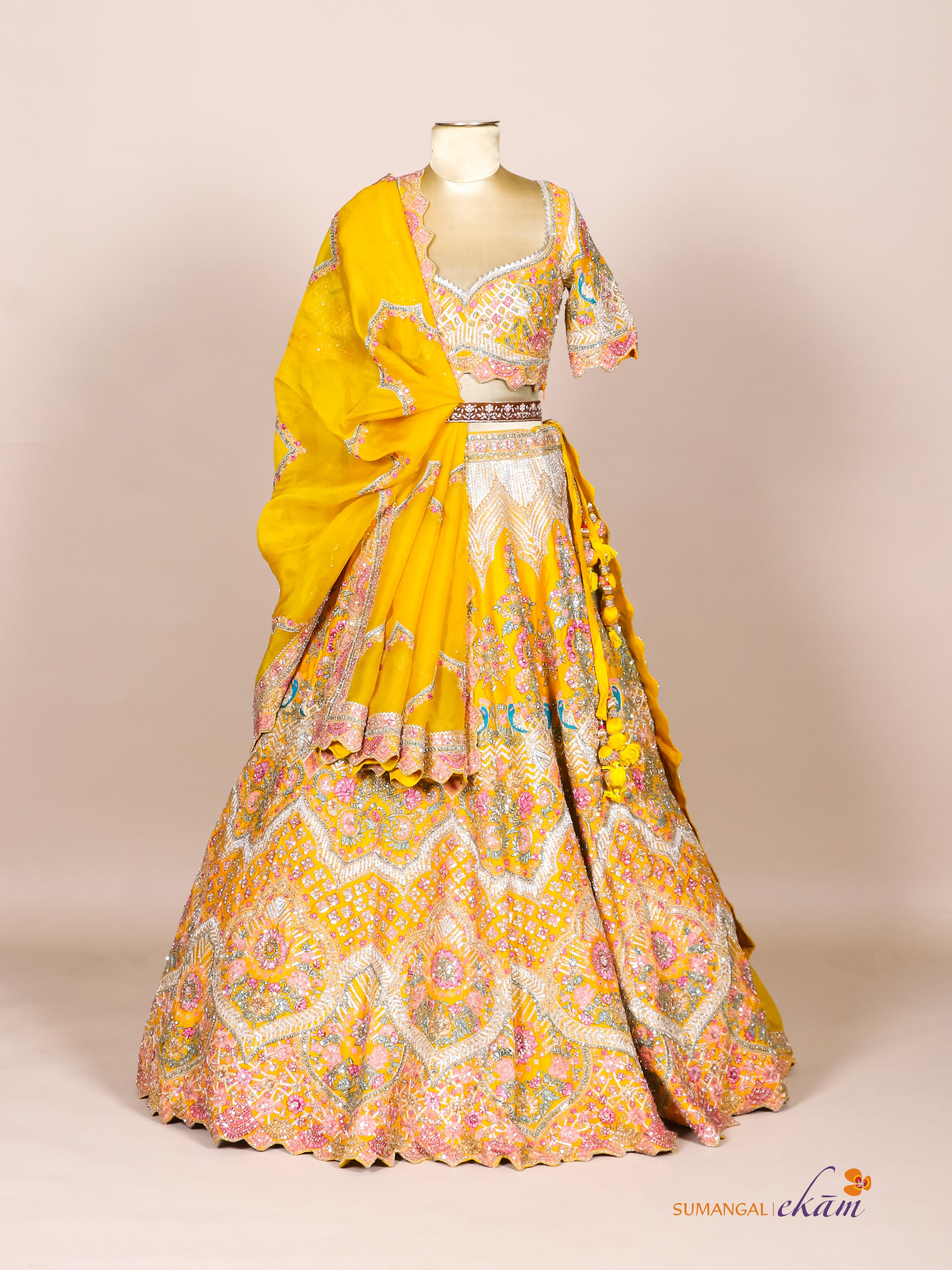Designer Mustard Yellow Raw Silk Haldi Lehenga - Sumangal Ekam
