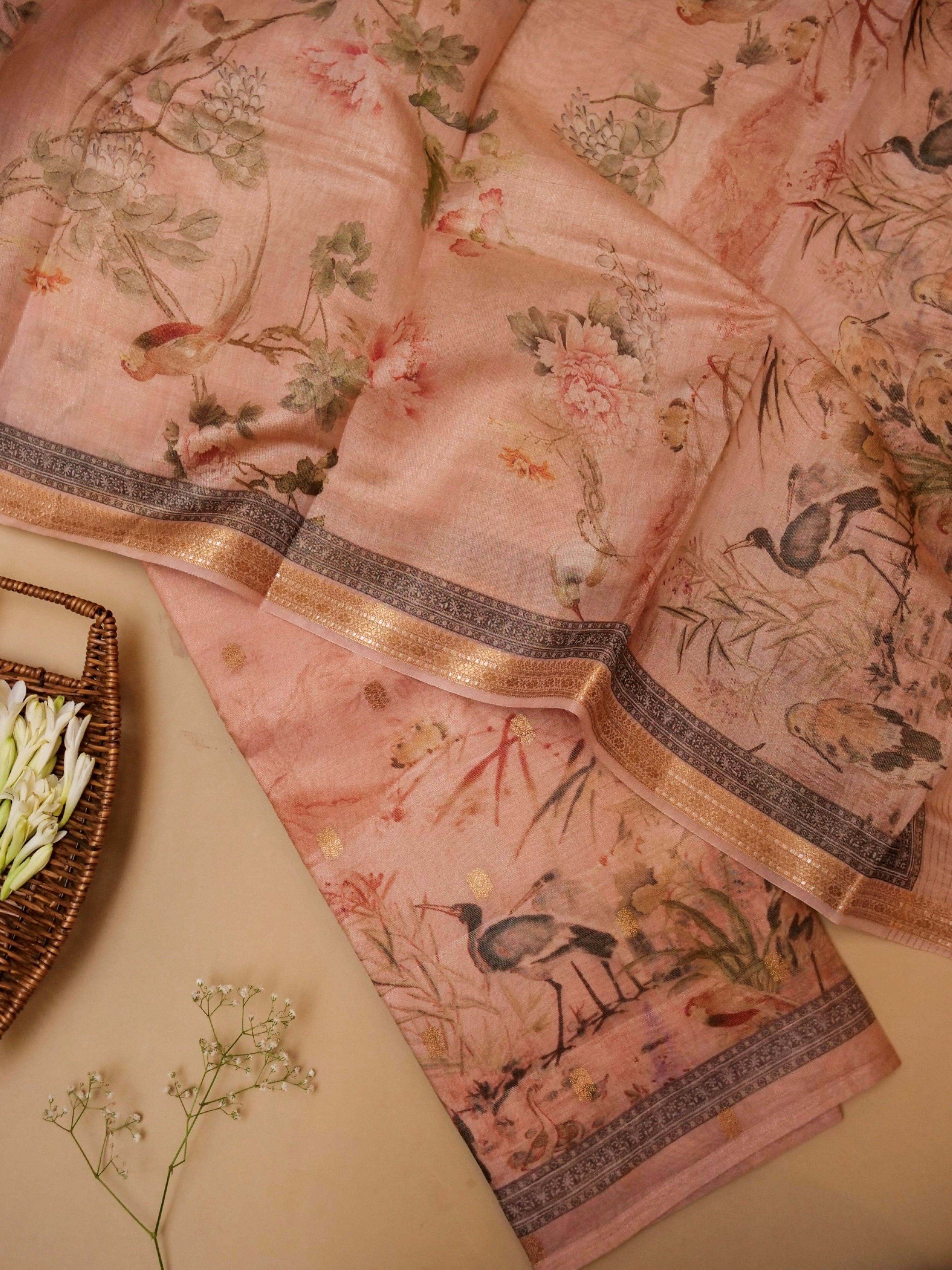 Handwoven Peach Banarasi Linen Silk Suit - Sumangal Ekam