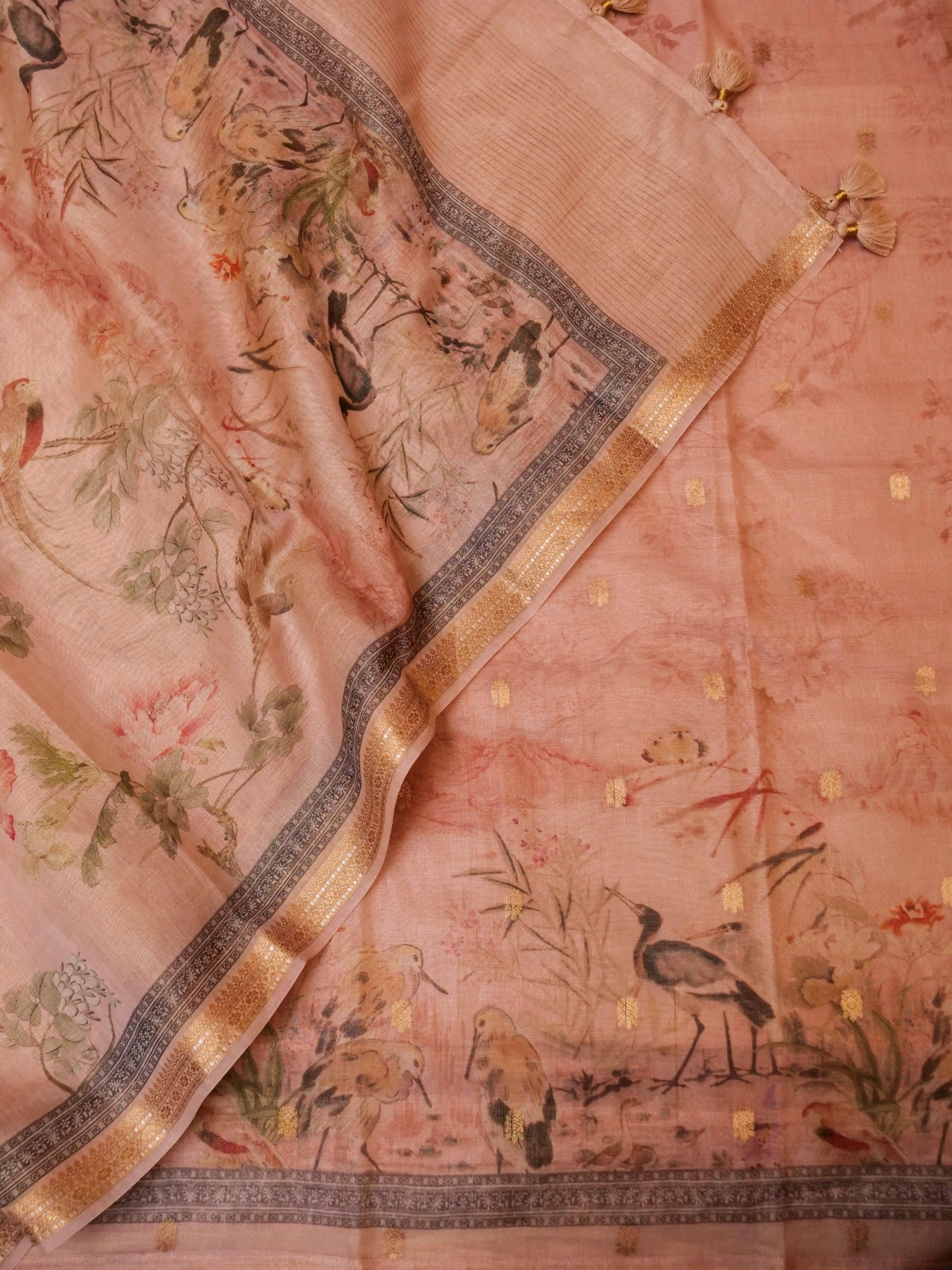 Handwoven Peach Banarasi Linen Silk Suit - Sumangal Ekam