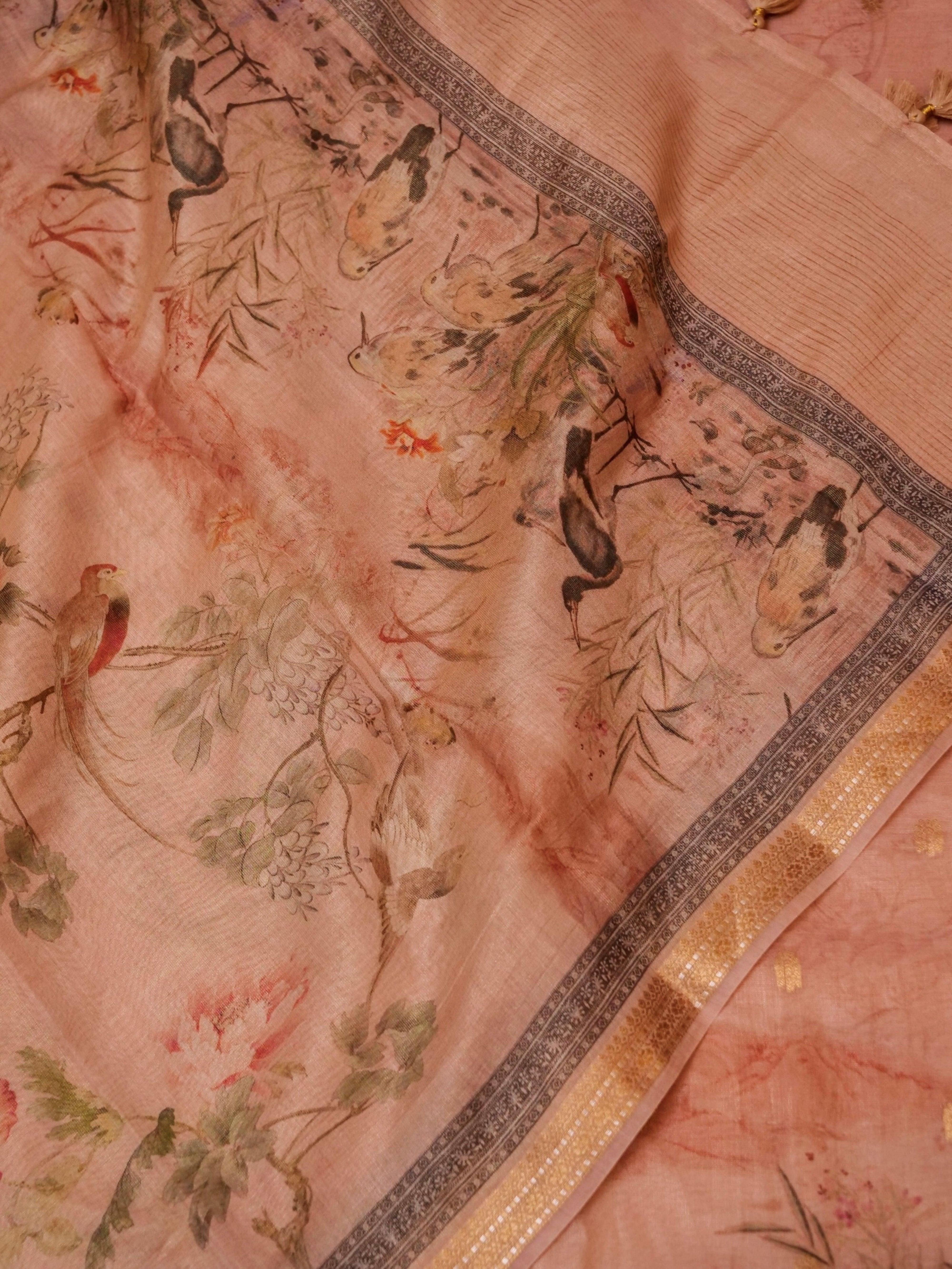 Handwoven Peach Banarasi Linen Silk Suit - Sumangal Ekam
