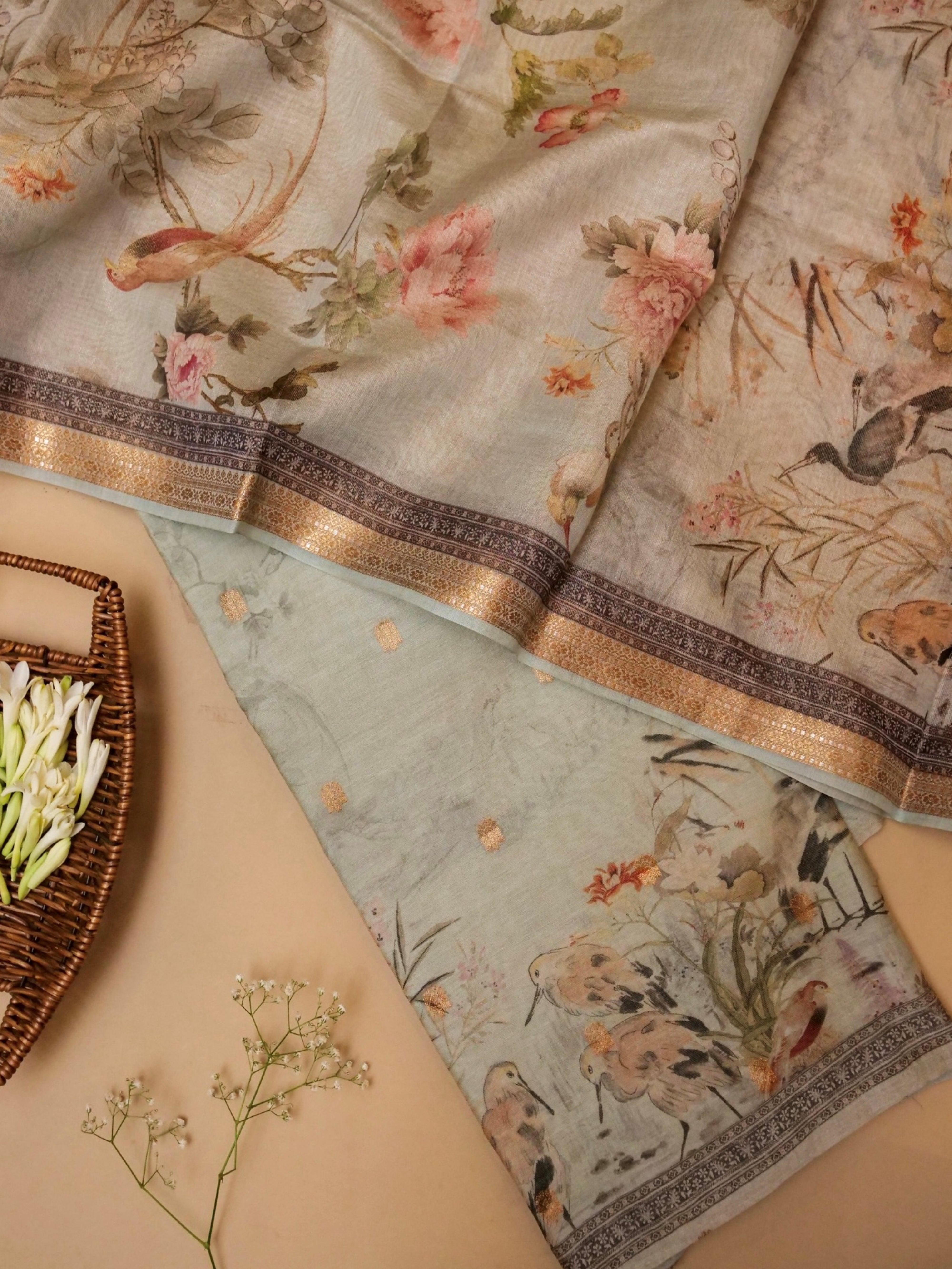 Handwoven Powder Blue Banarasi Linen Silk Suit - Sumangal Ekam