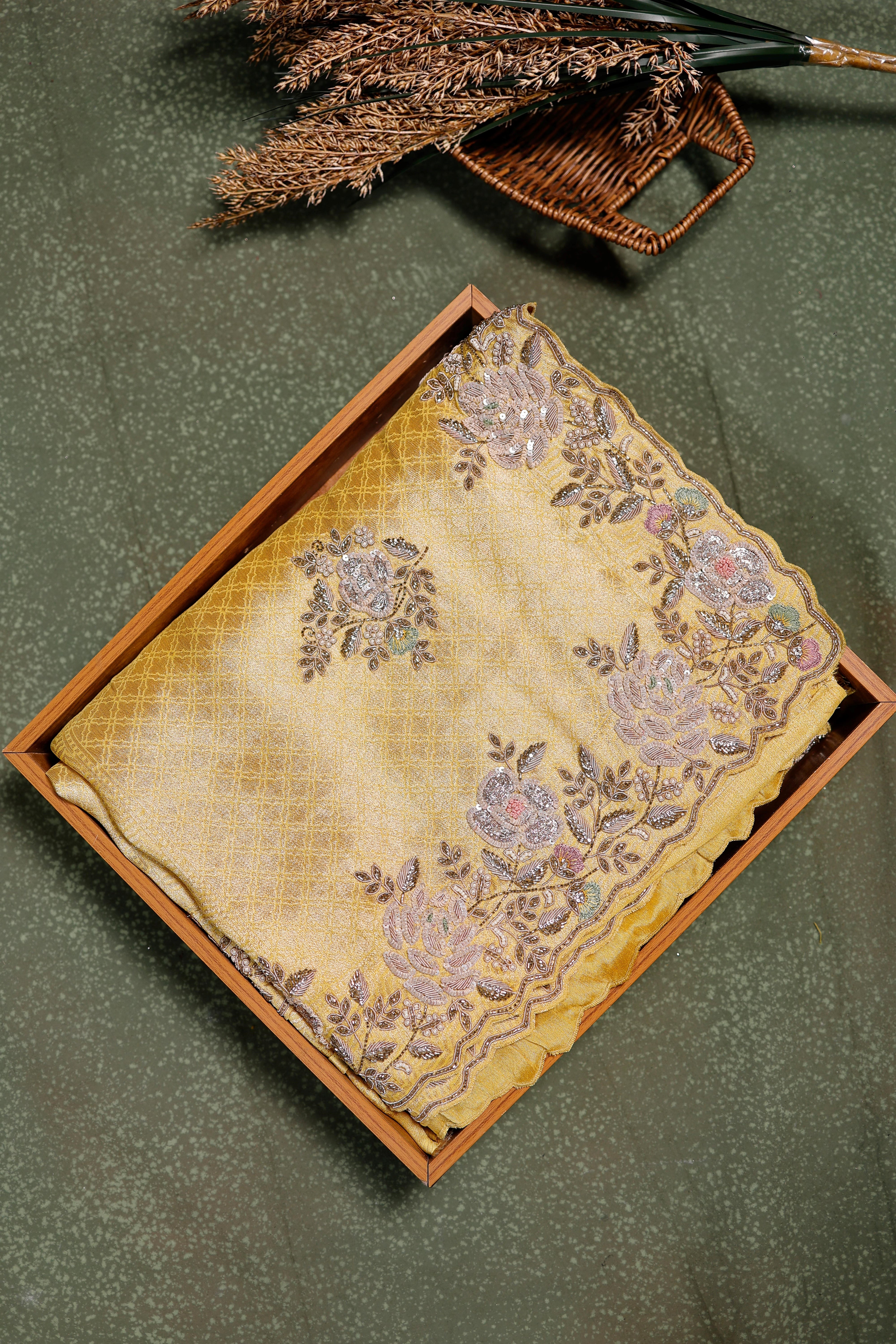Designer Lemon Yellow Tissue Silk Saree